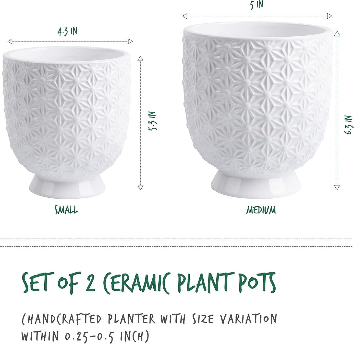 Stylish White Ceramic Planter Pots Set - 5" & 4.3" with Drainage Holes and Ice Crack Pattern for Indoor Plants