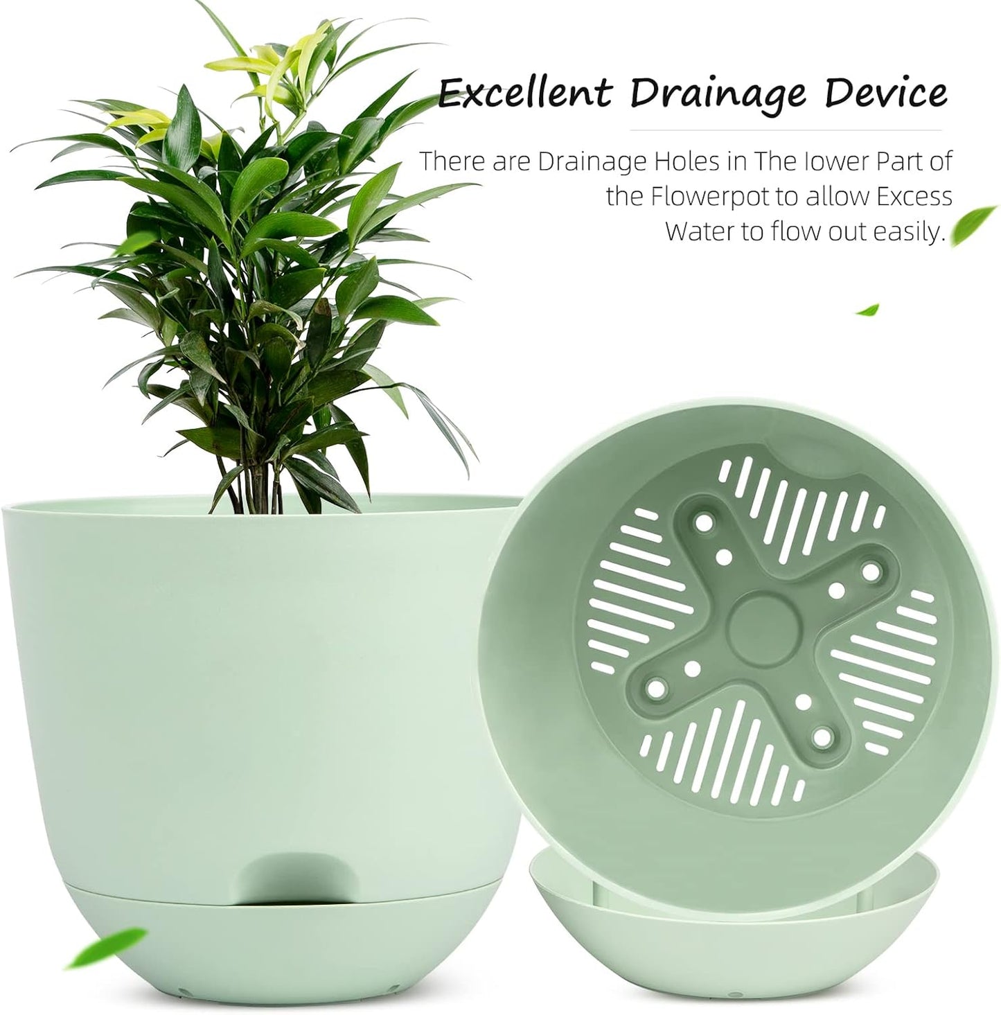 Various small to medium indoor houseplants (e.g., Peace Lily, basil) thriving in the 10-inch self-watering pots on a table or shelf.