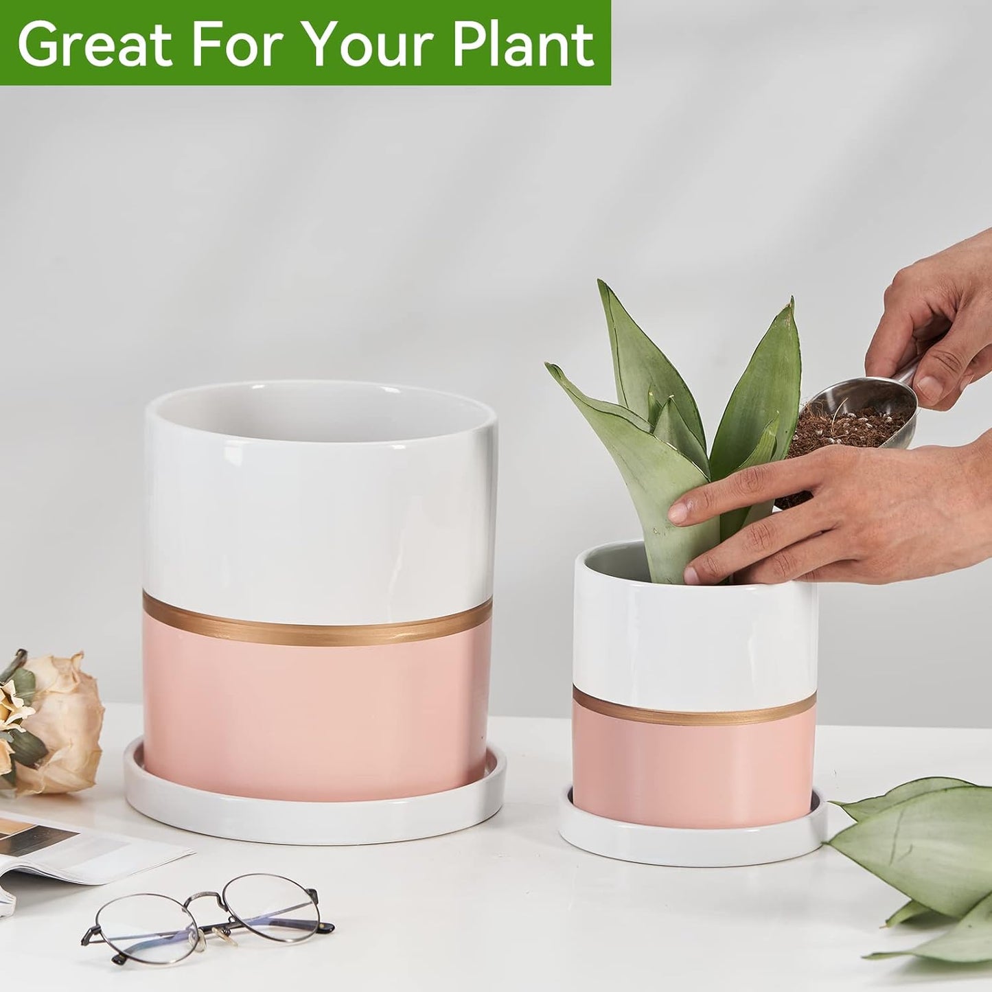 4 Inch Plant Pot - Ceramic Flower Planters Indoor - Modern Succulents Containers with Drain Hole Saucer, Decorate Home, Office & Outdoor (Pink)