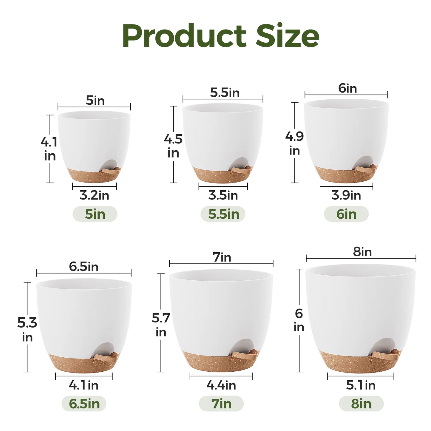 JF Self Watering Pots 6 Pack Plant Pots Indoor Planters 5/5.5/6/6.5/7/8 Inches Flower Pots with High Drainage Holes and Deep Reservoir for Indoor Outdoor Garden Plants and Flowers, White with Brown
