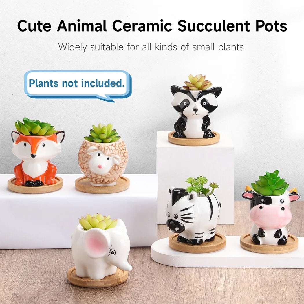 Adorable 6-Piece Ceramic Succulent Pot Set with Drainage - Cute Animal Planters for Indoor Home Décor