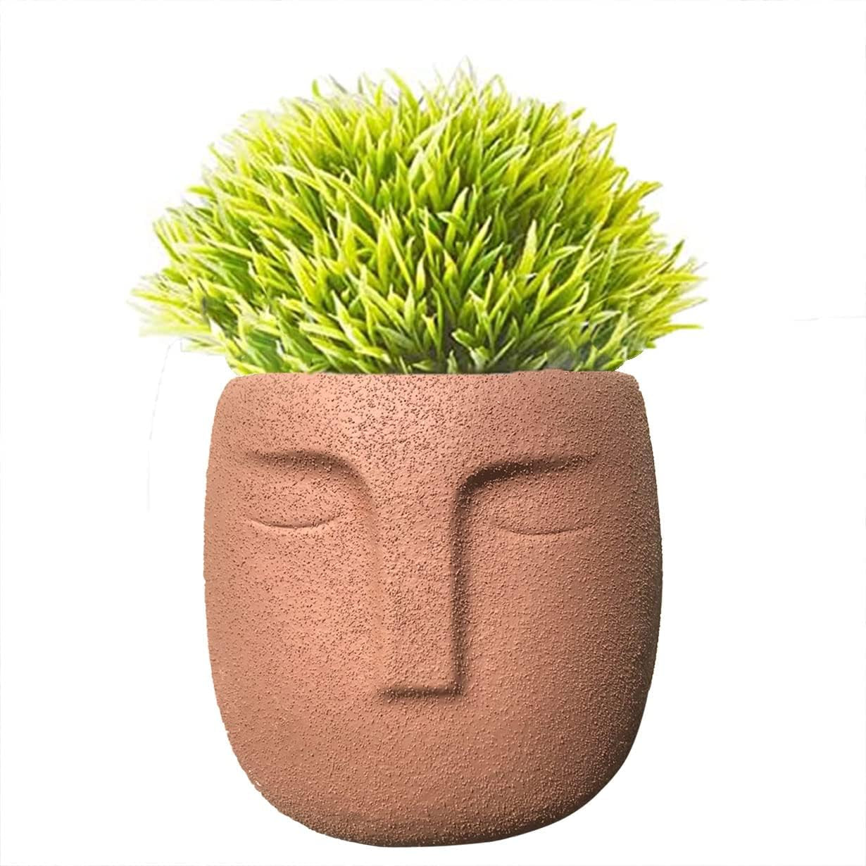 Brown Cement Head Planter - Unique Face Flower Pot with Drainage for Succulents and Plants