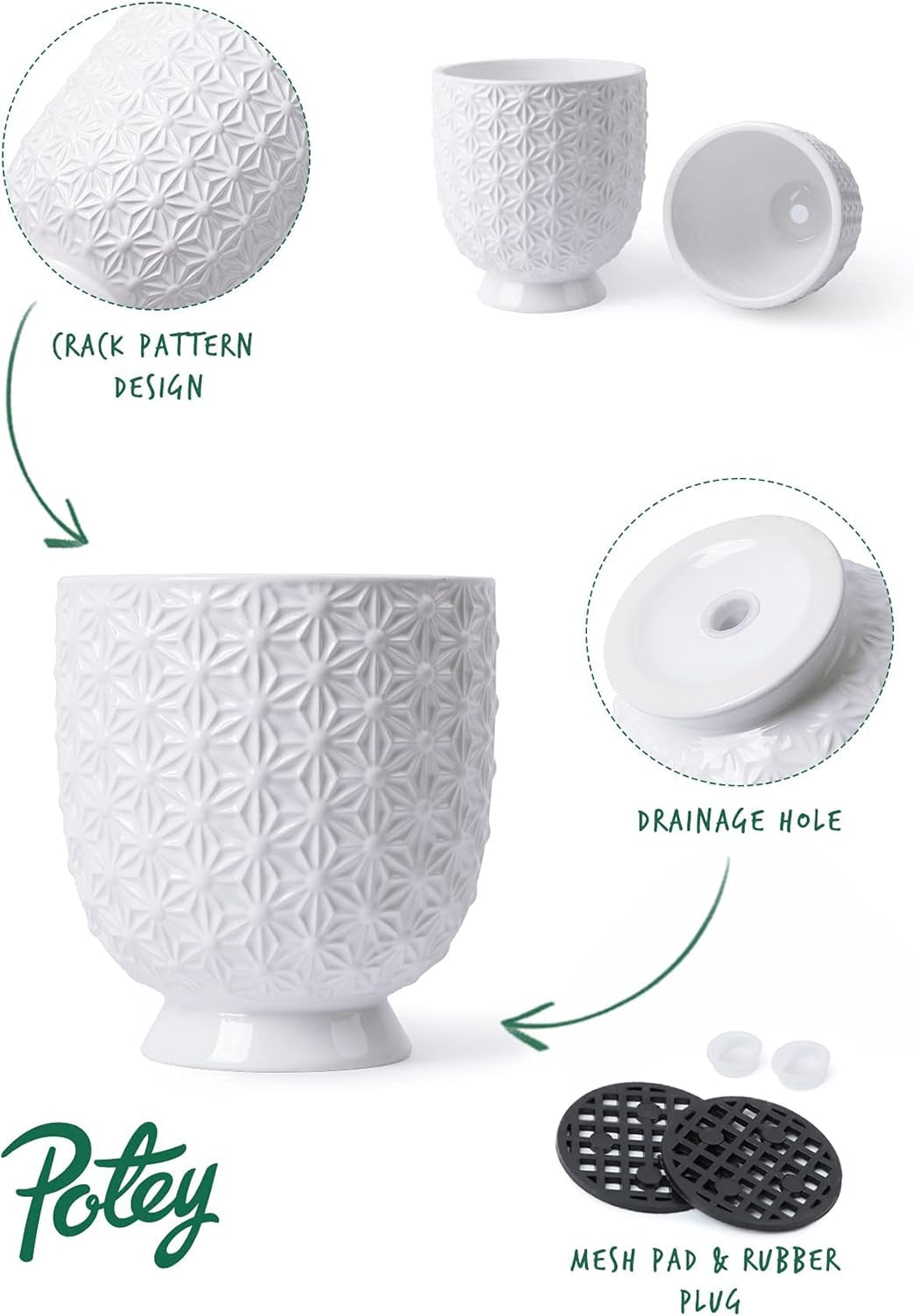 Stylish White Ceramic Planter Pots Set - 5" & 4.3" with Drainage Holes and Ice Crack Pattern for Indoor Plants