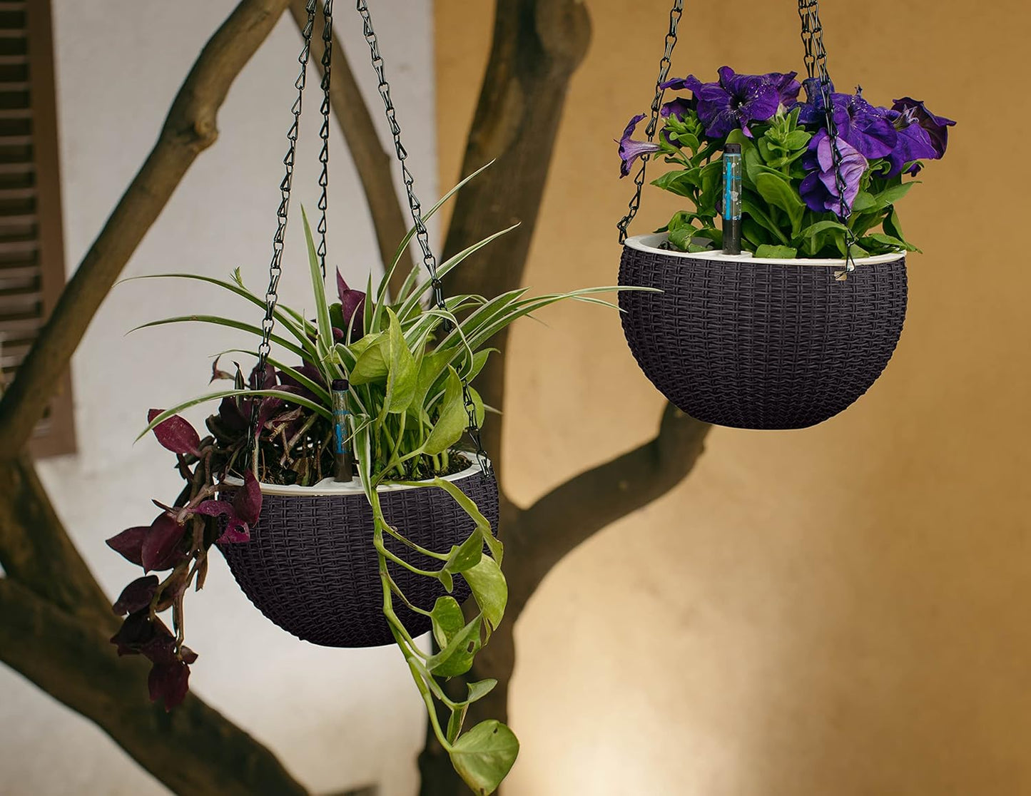 Small 7.5'' Self Watering Hanging Planters for Indoor Plants - Flower Pot with Water Level Indicator for Plants, Hanging Pots - Self Watering Planter Plant Pot- Coco Coir - 2 Pack (Gray)