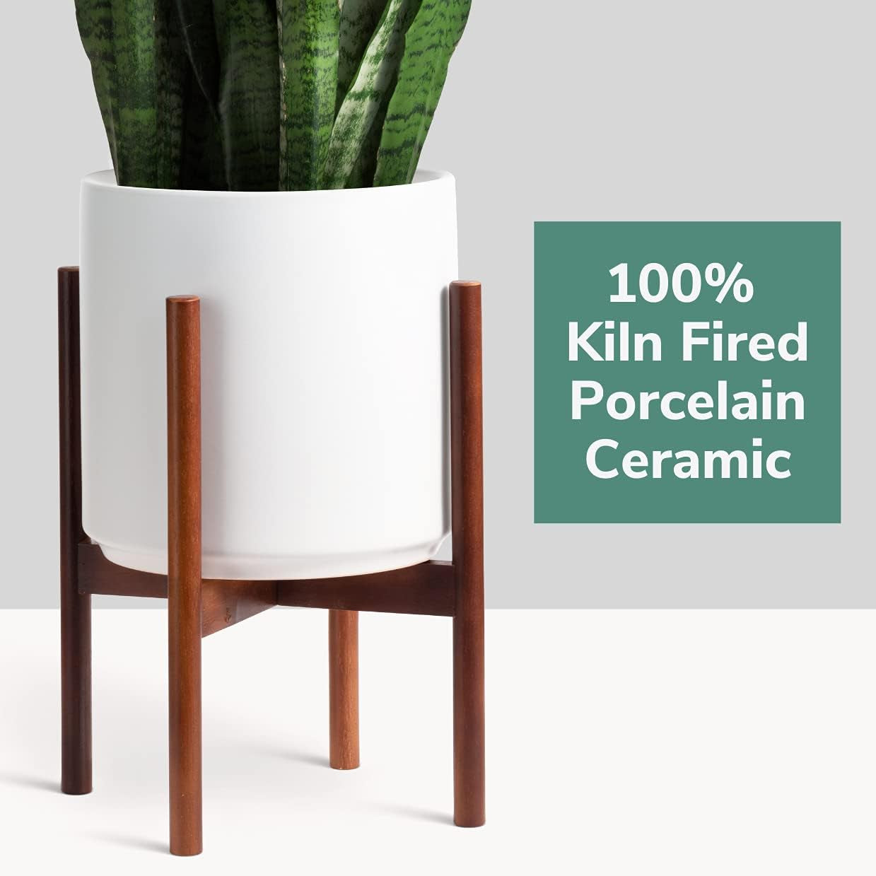 10" White Classic Planter and Plant Stand. Ceramic Plant Pot and Wood Plant Stand Set.