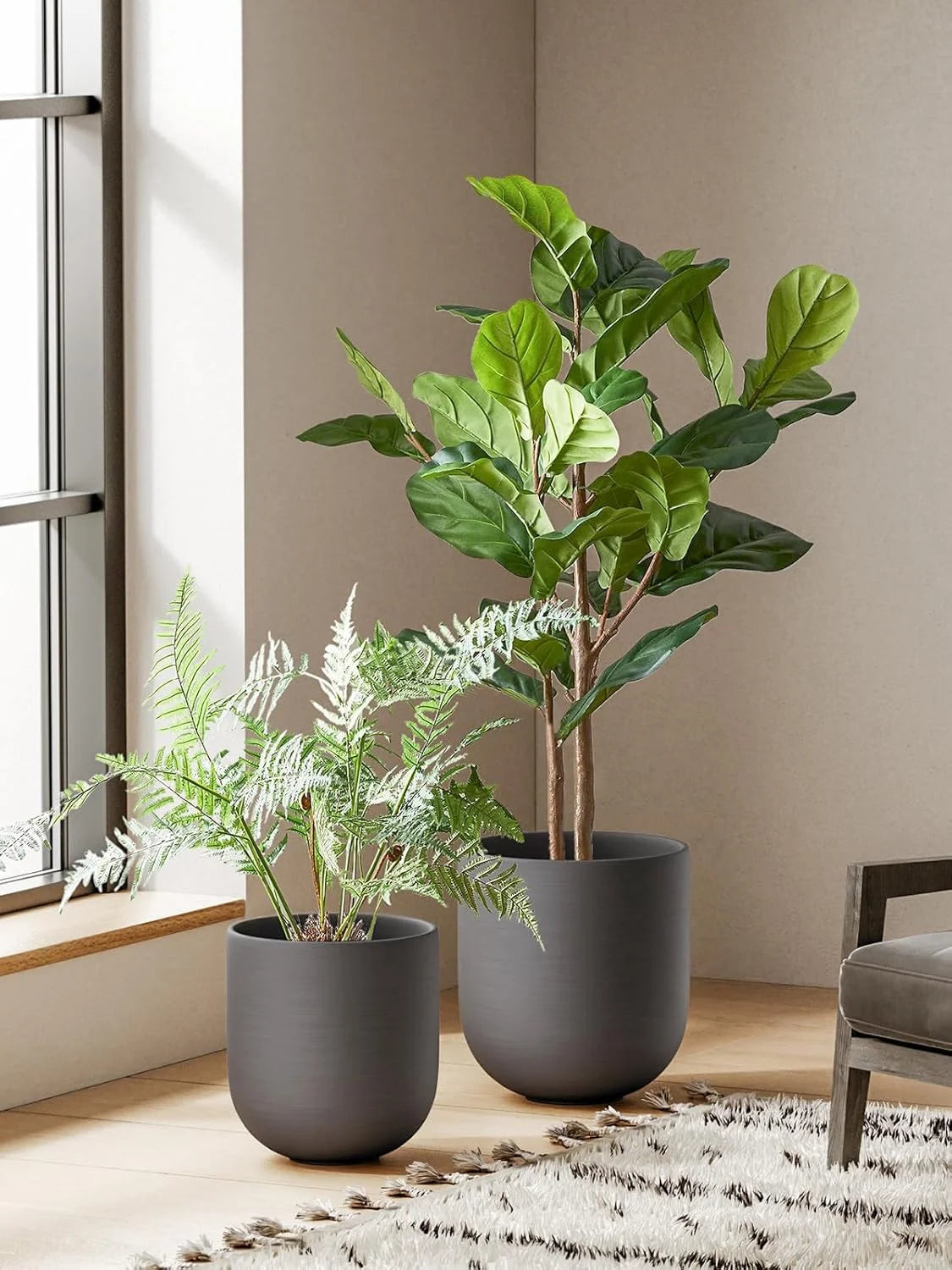 12" Plant Pots, Ceramic Flower Pots with Drain Holes& Plug Indoor Planter, Charcoal Gray Outdoor Planter