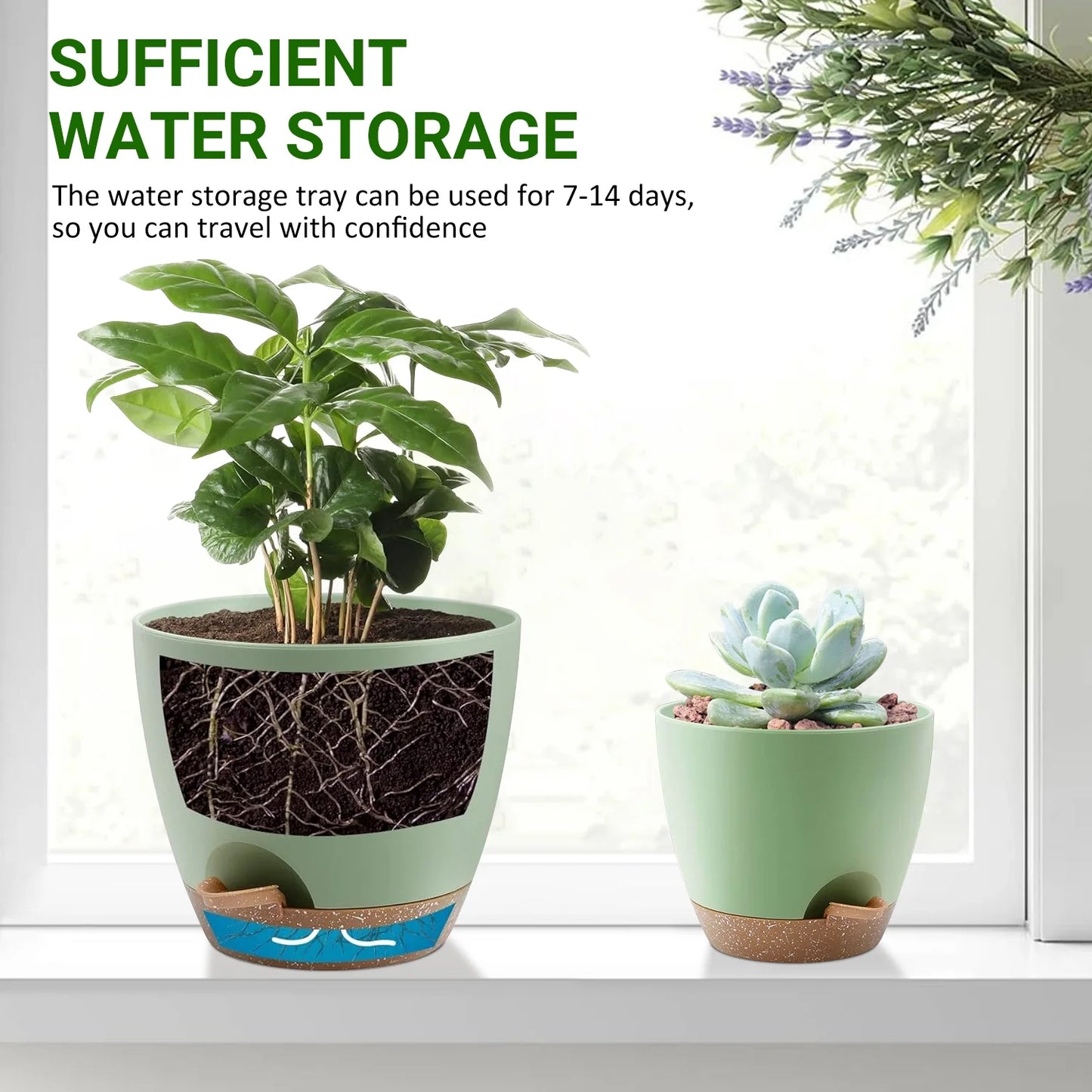 Set of 5 Green Self Watering Plastic Plant Pots with Drainage Holes - Eco-Friendly Indoor/Outdoor Flower Planters for Succulents, Cactus, Snake Plants - Sizes: 7", 6.5", 6", 5.5", 5"