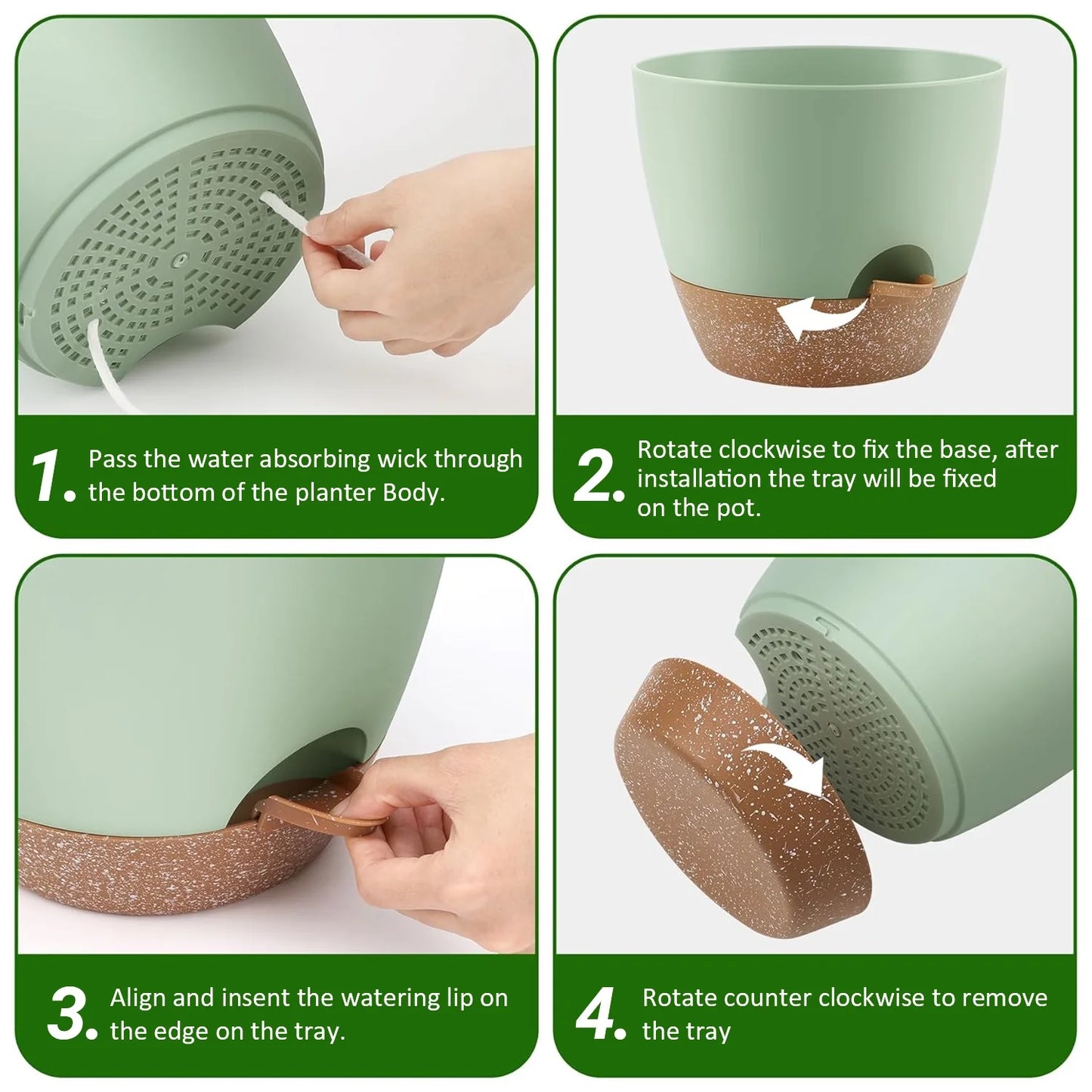 Set of 5 Green Self Watering Plastic Plant Pots with Drainage Holes - Eco-Friendly Indoor/Outdoor Flower Planters for Succulents, Cactus, Snake Plants - Sizes: 7", 6.5", 6", 5.5", 5"