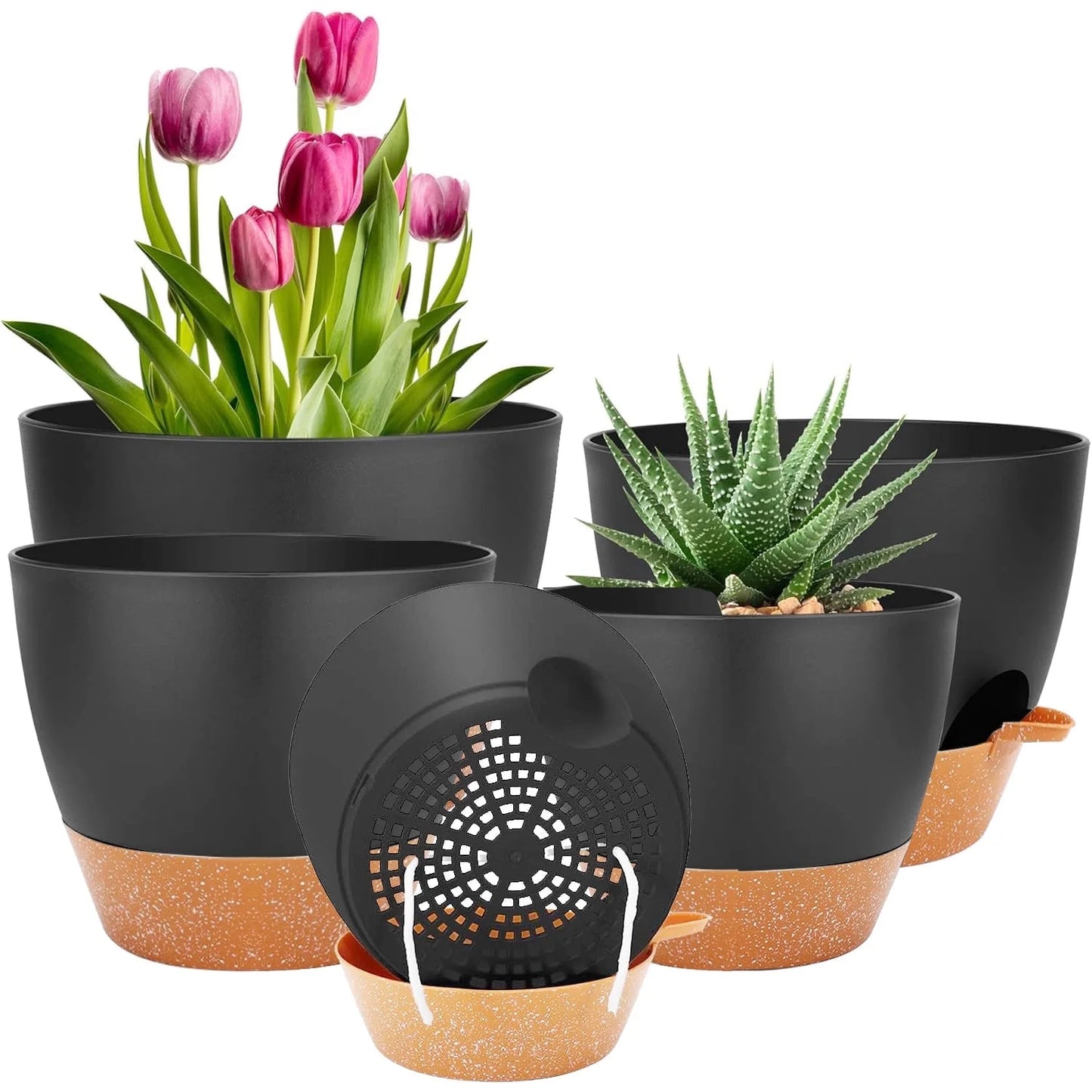 A 5-pack of modern self-watering plant pots in various sizes (7, 6.5, 6, 5.5, 5 inch) in white or black.