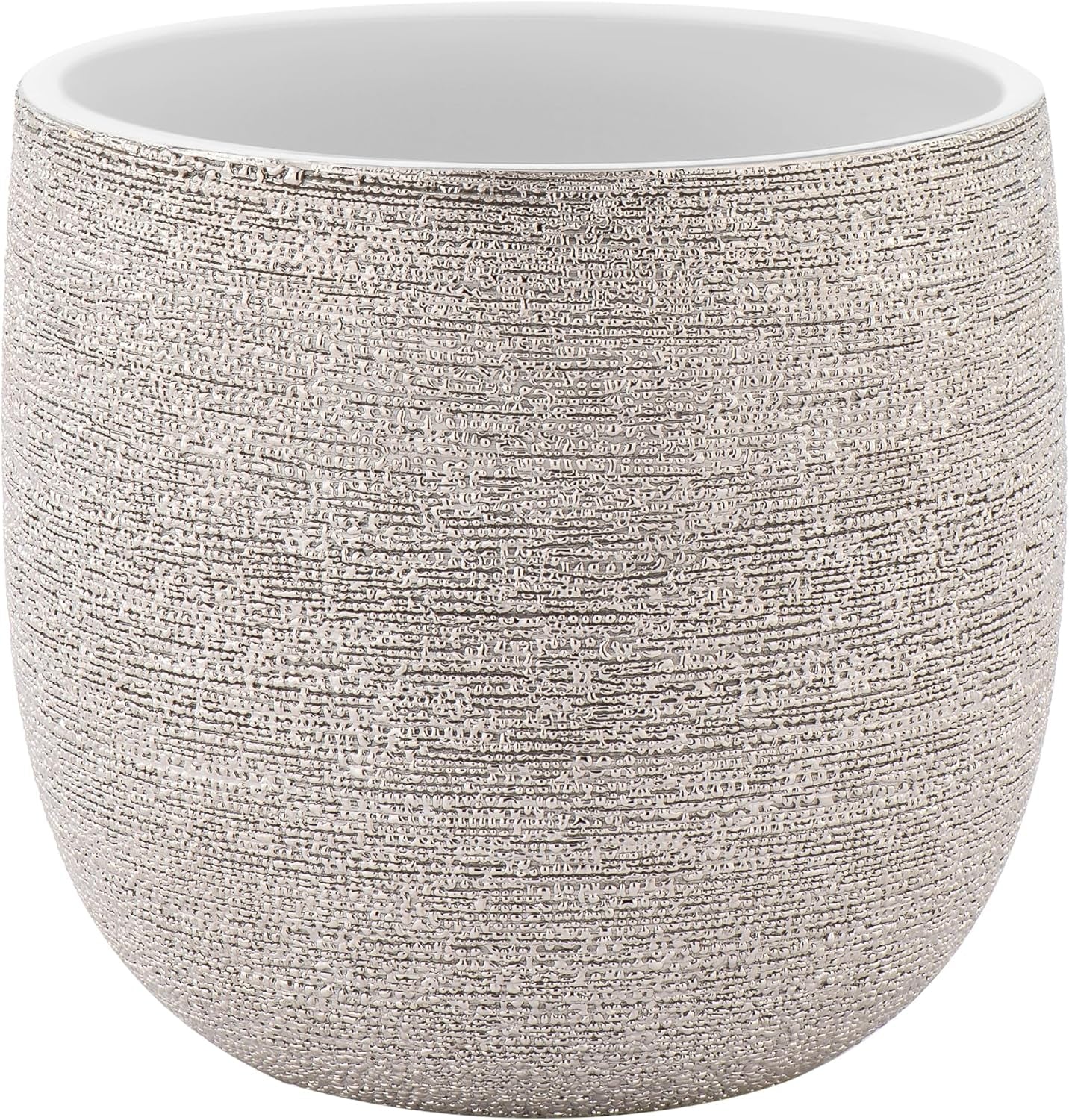 7 Inch Ceramic Pot for Plants - Textured Silver Plant Pot with Gloss White Interior, No Drainage Hole Watertight Design, Luxe Design for Indoor Plants (Brava Ceramic Plant Pots Indoor)