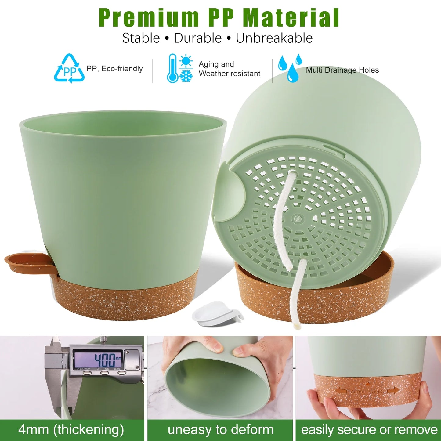 Self Watering Planters, 7/6.5/6/5.5/5 Inch Self Watering Plant Pots with Drainage Hole for Indoor and Outdoor Plants, 5 Pack, Green