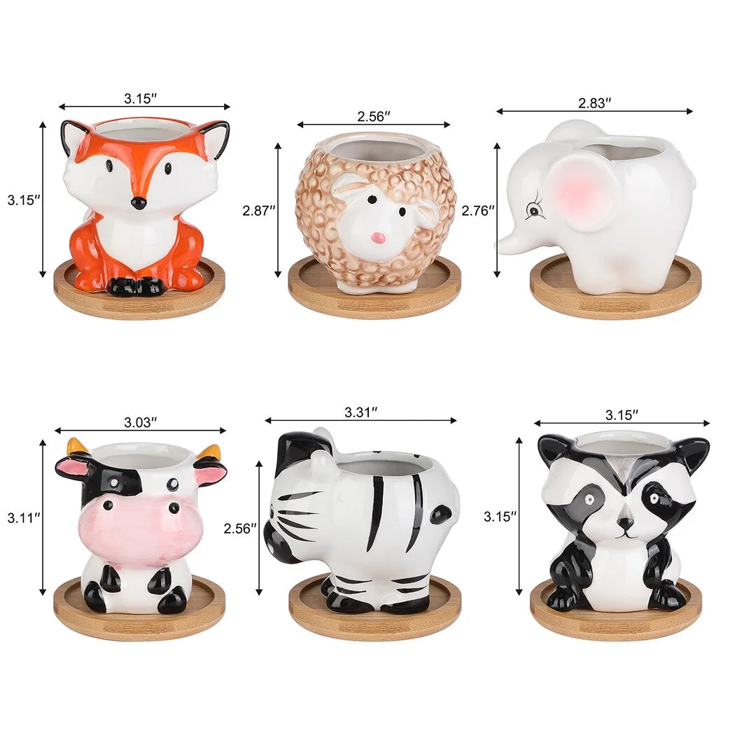 Adorable 6-Piece Ceramic Succulent Pot Set with Drainage - Cute Animal Planters for Indoor Home Décor