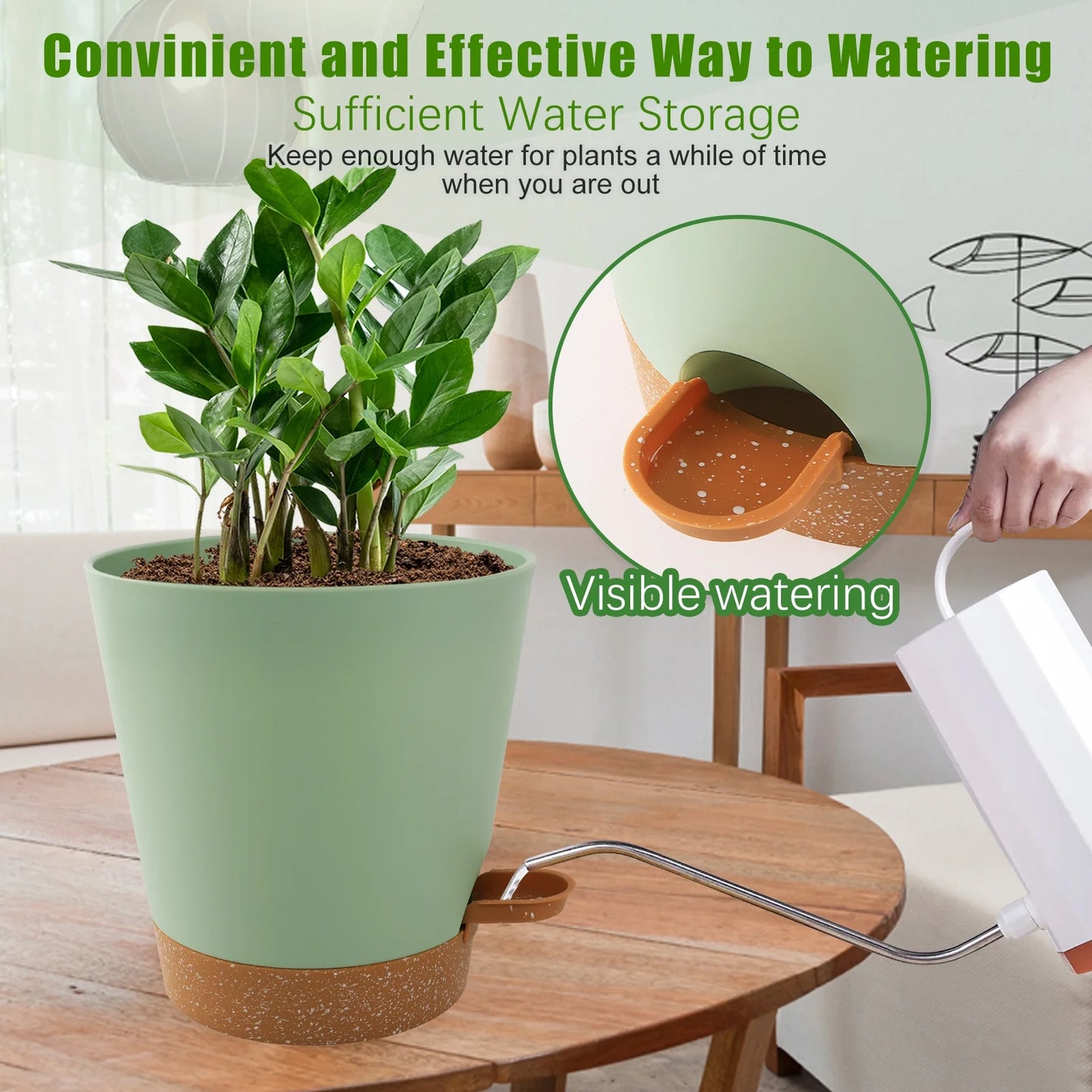 Self Watering Planters, 7/6.5/6/5.5/5 Inch Self Watering Plant Pots with Drainage Hole for Indoor and Outdoor Plants, 5 Pack, Green