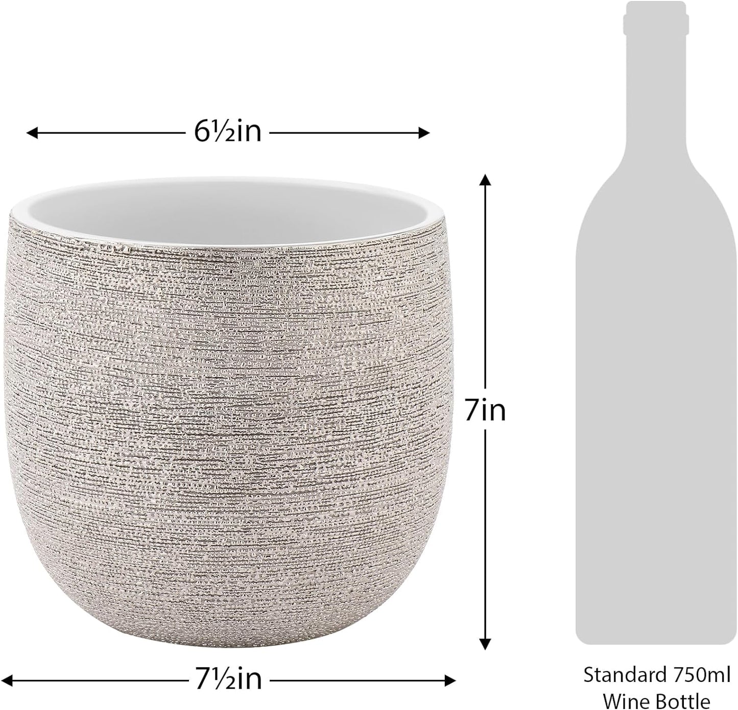 7 Inch Ceramic Pot for Plants - Textured Silver Plant Pot with Gloss White Interior, No Drainage Hole Watertight Design, Luxe Design for Indoor Plants (Brava Ceramic Plant Pots Indoor)