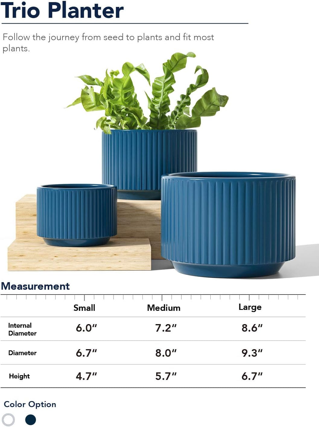 Elegant Navy Ceramic Plant Pots Set of 3 - Large Indoor/Outdoor Planters with Drainage Holes, Perfect for All Your Home & Garden Flowers