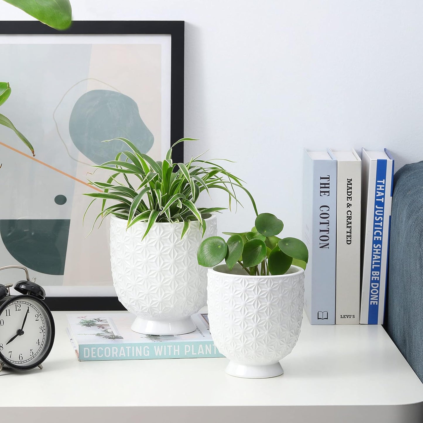 Stylish White Ceramic Planter Pots Set - 5" & 4.3" with Drainage Holes and Ice Crack Pattern for Indoor Plants