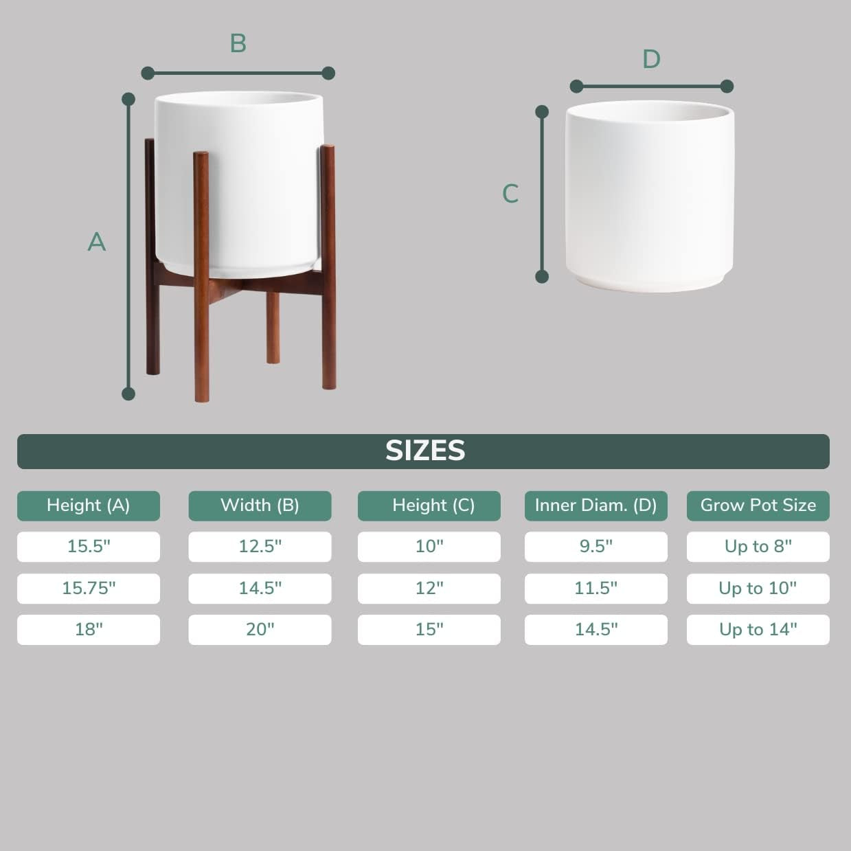 10" White Classic Planter and Plant Stand. Ceramic Plant Pot and Wood Plant Stand Set.