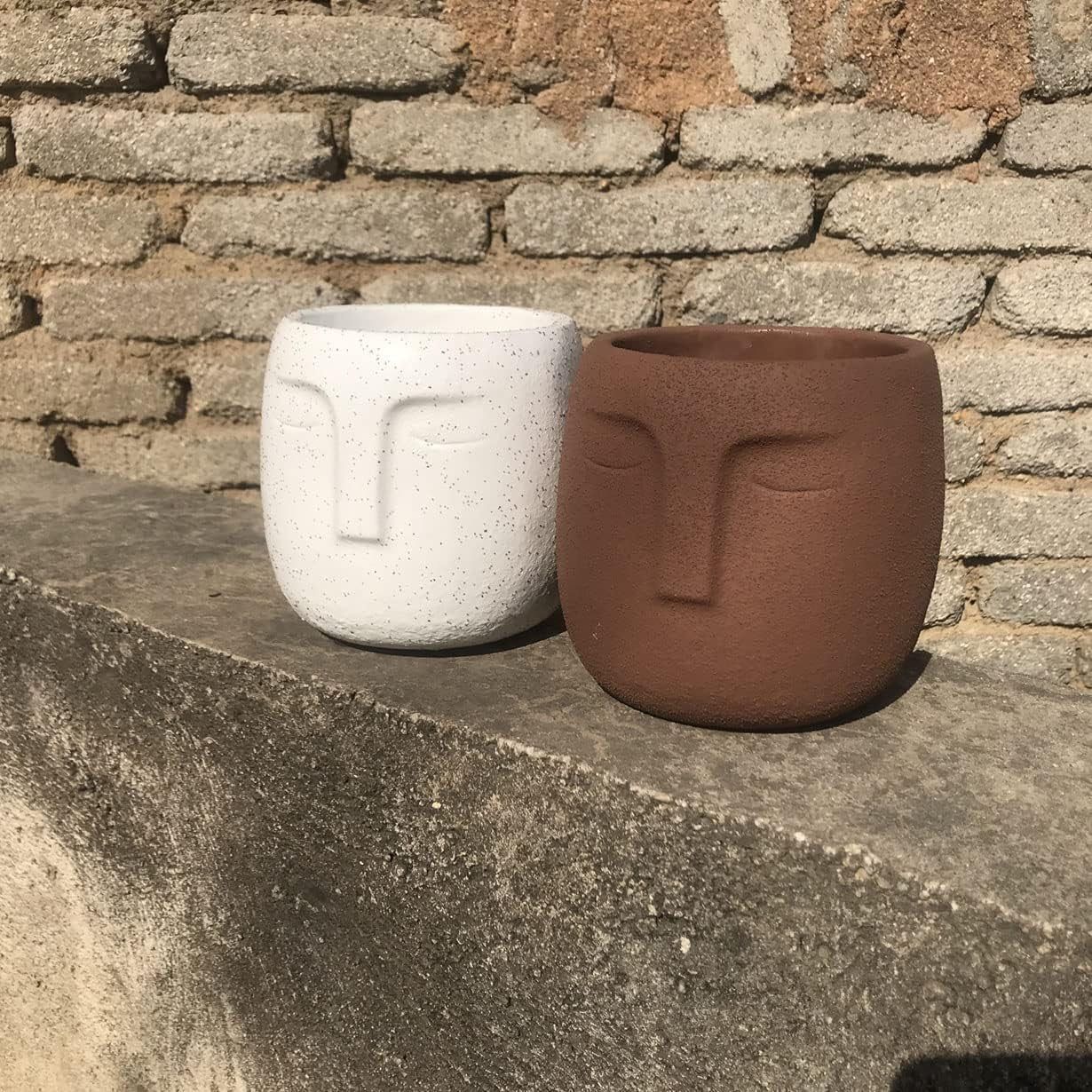 Brown Cement Head Planter - Unique Face Flower Pot with Drainage for Succulents and Plants