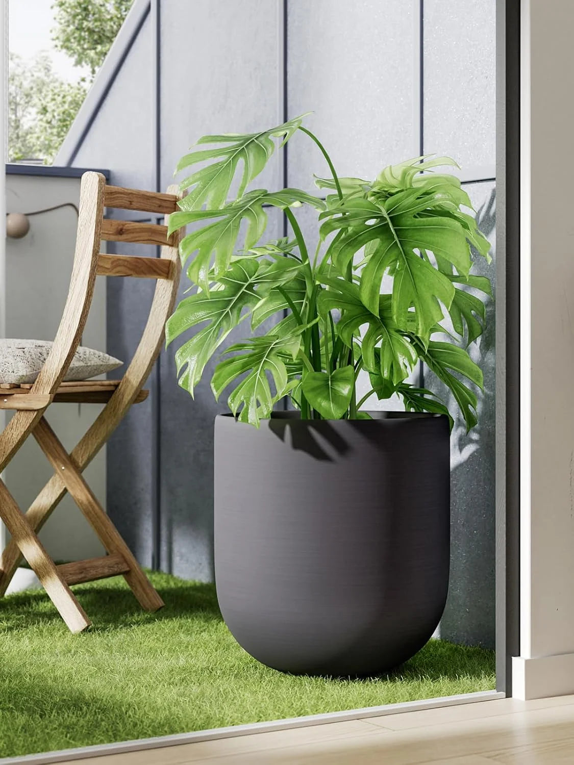 12" Plant Pots, Ceramic Flower Pots with Drain Holes& Plug Indoor Planter, Charcoal Gray Outdoor Planter