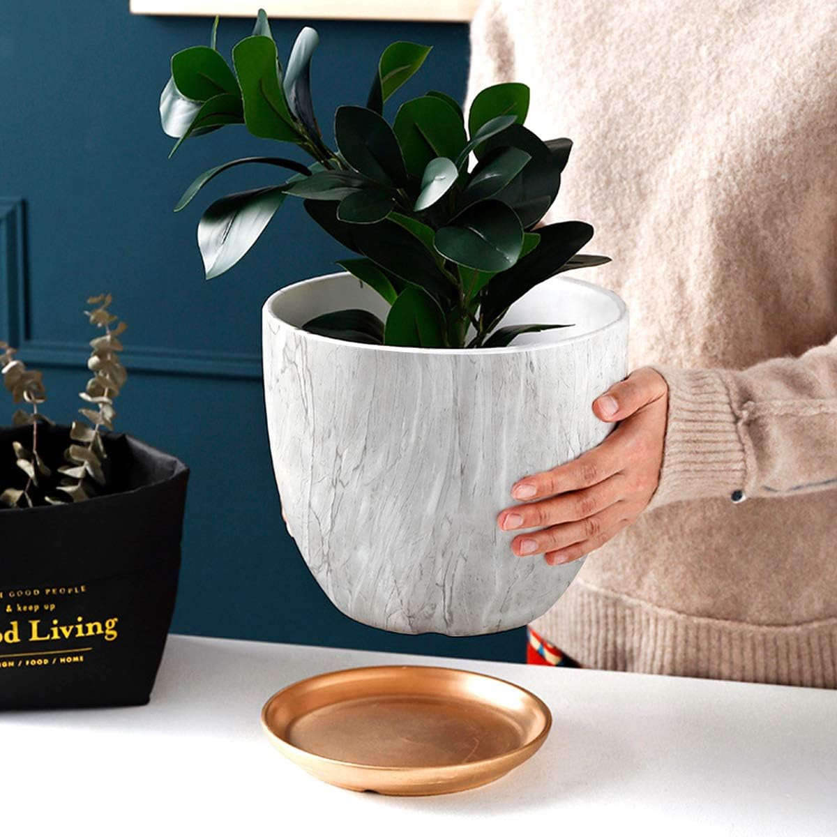7 Inch Plant Pot with Drainage and Saucer, 5.5 Inch Ceramic Planters Indoor Plants, Flower Pot Outdoor, Marble Planter Pink Indoor Pots for Plants (7"+5.5" Plant Pot and Gold Saucers Inculded)…