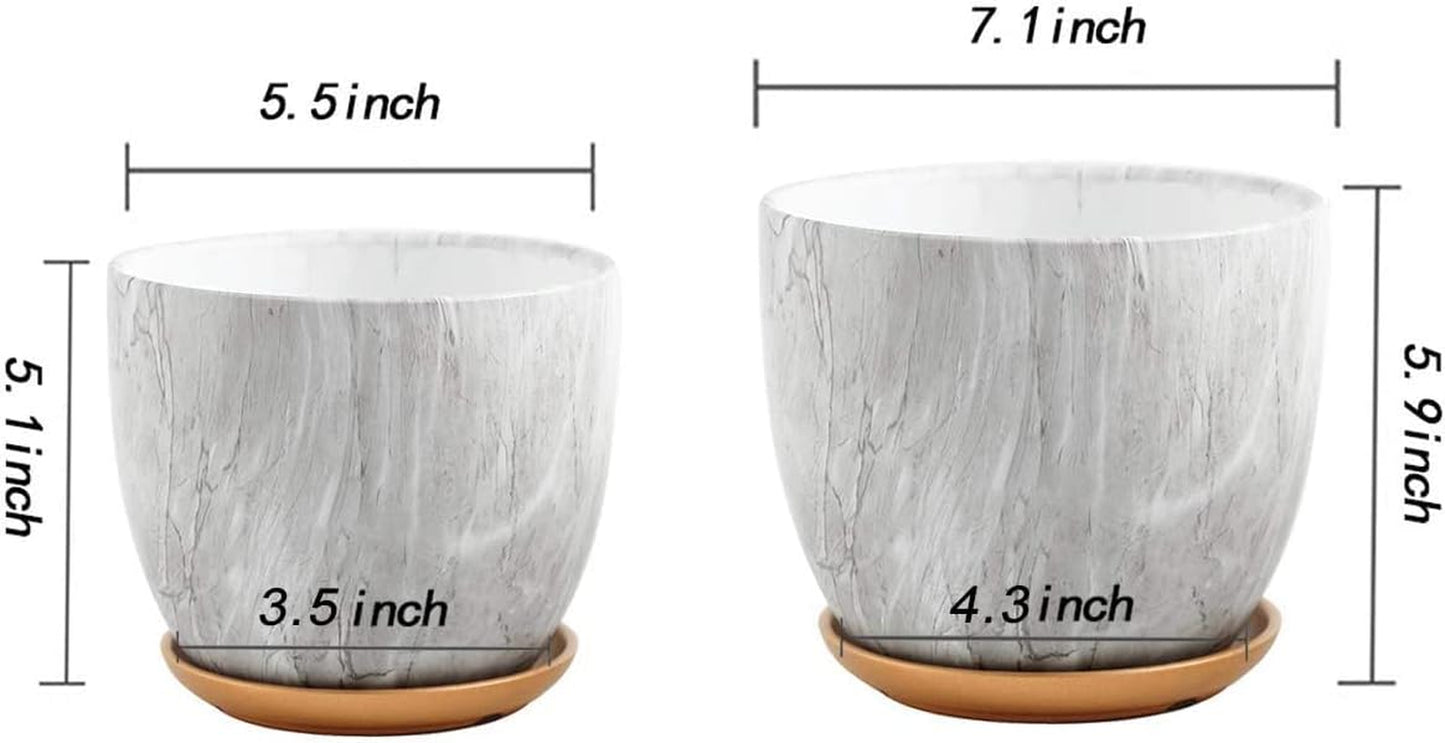 7 Inch Plant Pot with Drainage and Saucer, 5.5 Inch Ceramic Planters Indoor Plants, Flower Pot Outdoor, Marble Planter Pink Indoor Pots for Plants (7"+5.5" Plant Pot and Gold Saucers Inculded)…