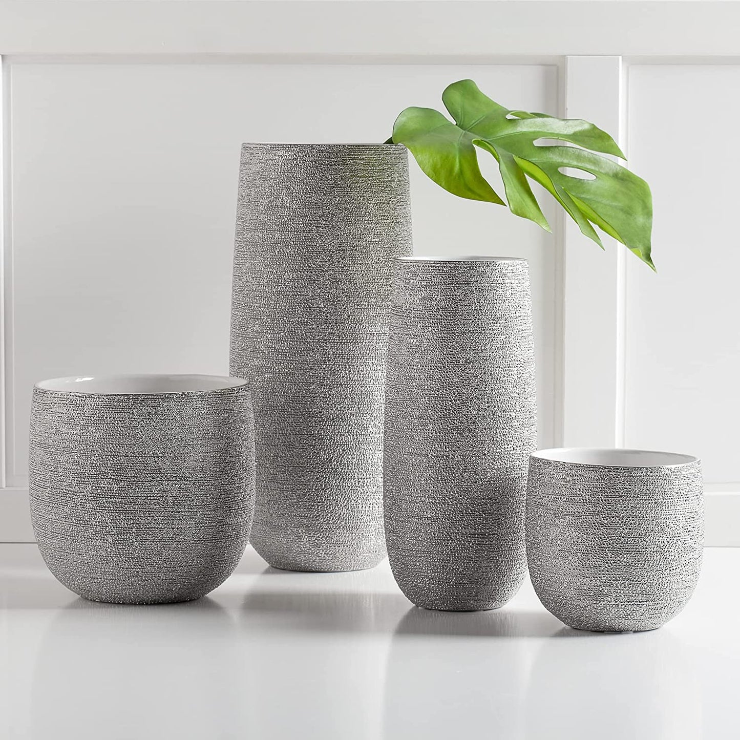 7 Inch Ceramic Pot for Plants - Textured Silver Plant Pot with Gloss White Interior, No Drainage Hole Watertight Design, Luxe Design for Indoor Plants (Brava Ceramic Plant Pots Indoor)