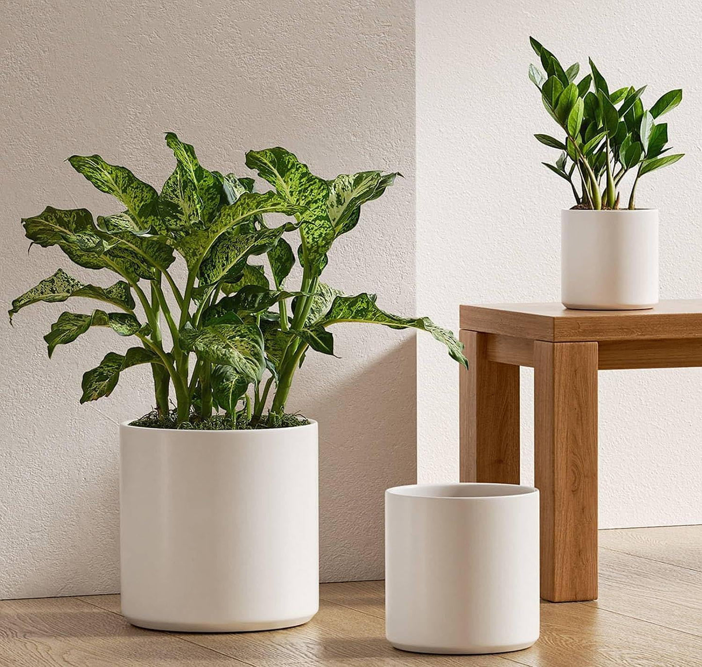 Set of 3 (10"+8"+6") Plant Pots with Drainage Hole & Plug for Indoor & Patio Decor, White Indoor Planters