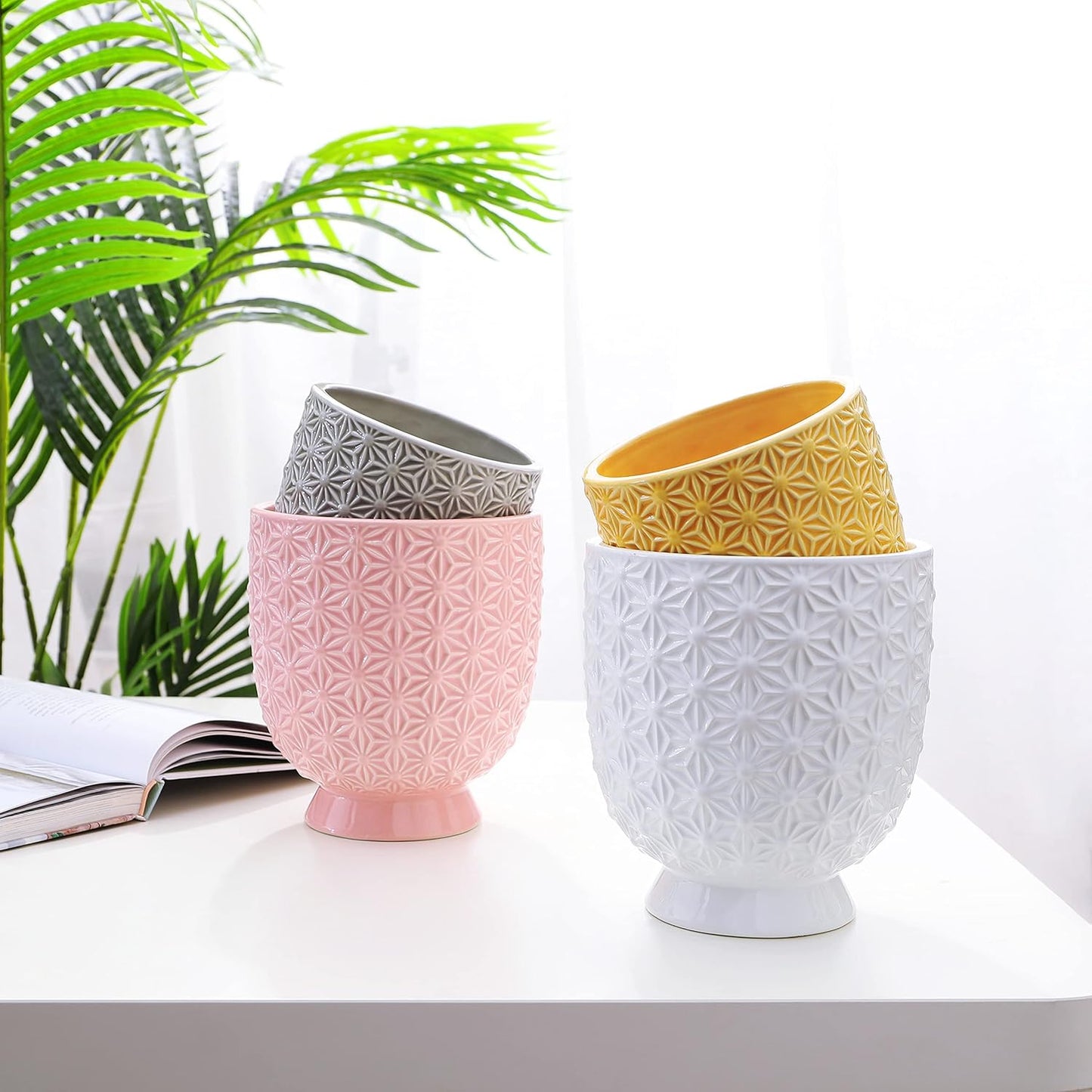 Stylish White Ceramic Planter Pots Set - 5" & 4.3" with Drainage Holes and Ice Crack Pattern for Indoor Plants