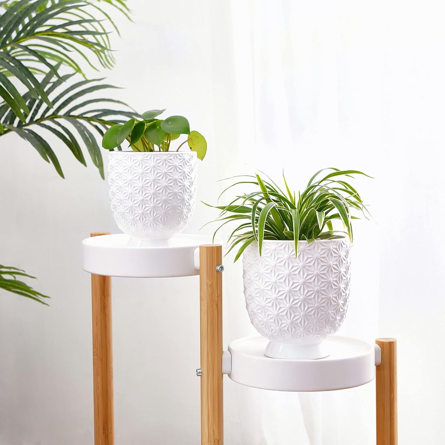 Stylish White Ceramic Planter Pots Set - 5" & 4.3" with Drainage Holes and Ice Crack Pattern for Indoor Plants
