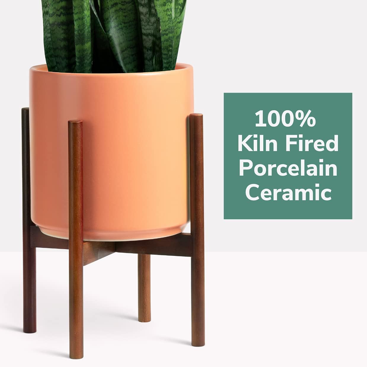 12" Melon Classic Planter and Plant Stand. Ceramic Plant Pot and Wood Plant Stand Set.