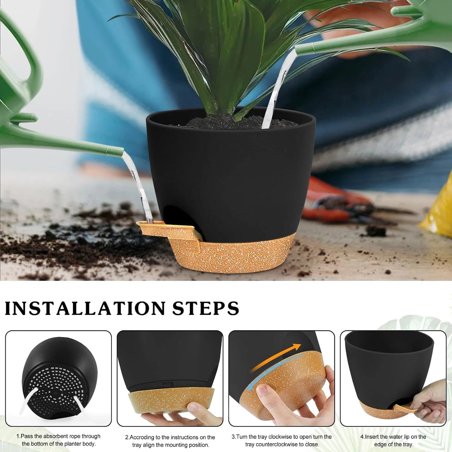5Pack Self Watering Plant Pots with Drainage Hole and Water Storage, 7/6.5/6/5.5/5 Inch Self Watering Planters, Self-Watering Indoor Planters for Flower, Plants, Herbs, Cactus