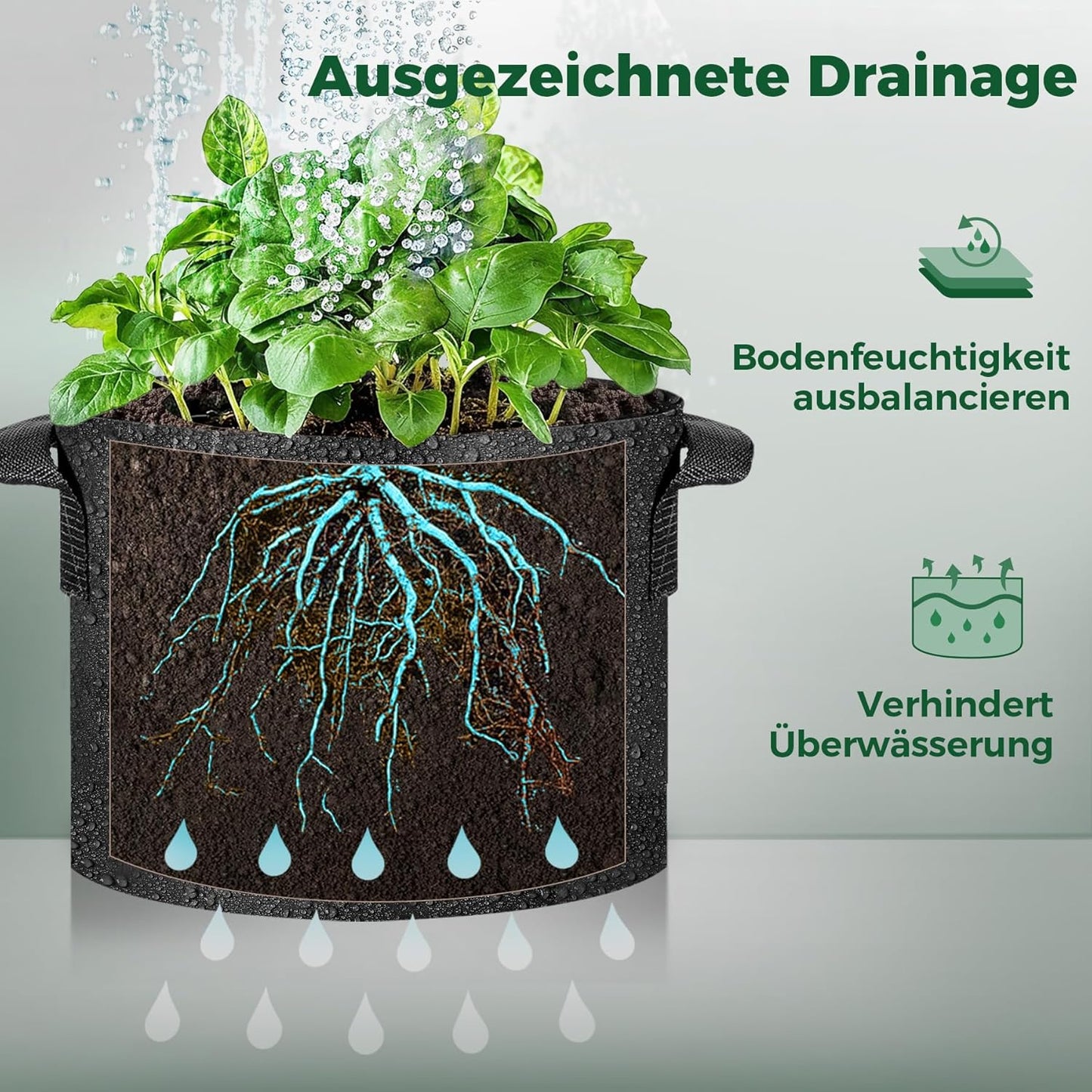 A diagram illustrating how the fabric grow bag promotes air root pruning and prevents root circling for stronger plant growth.