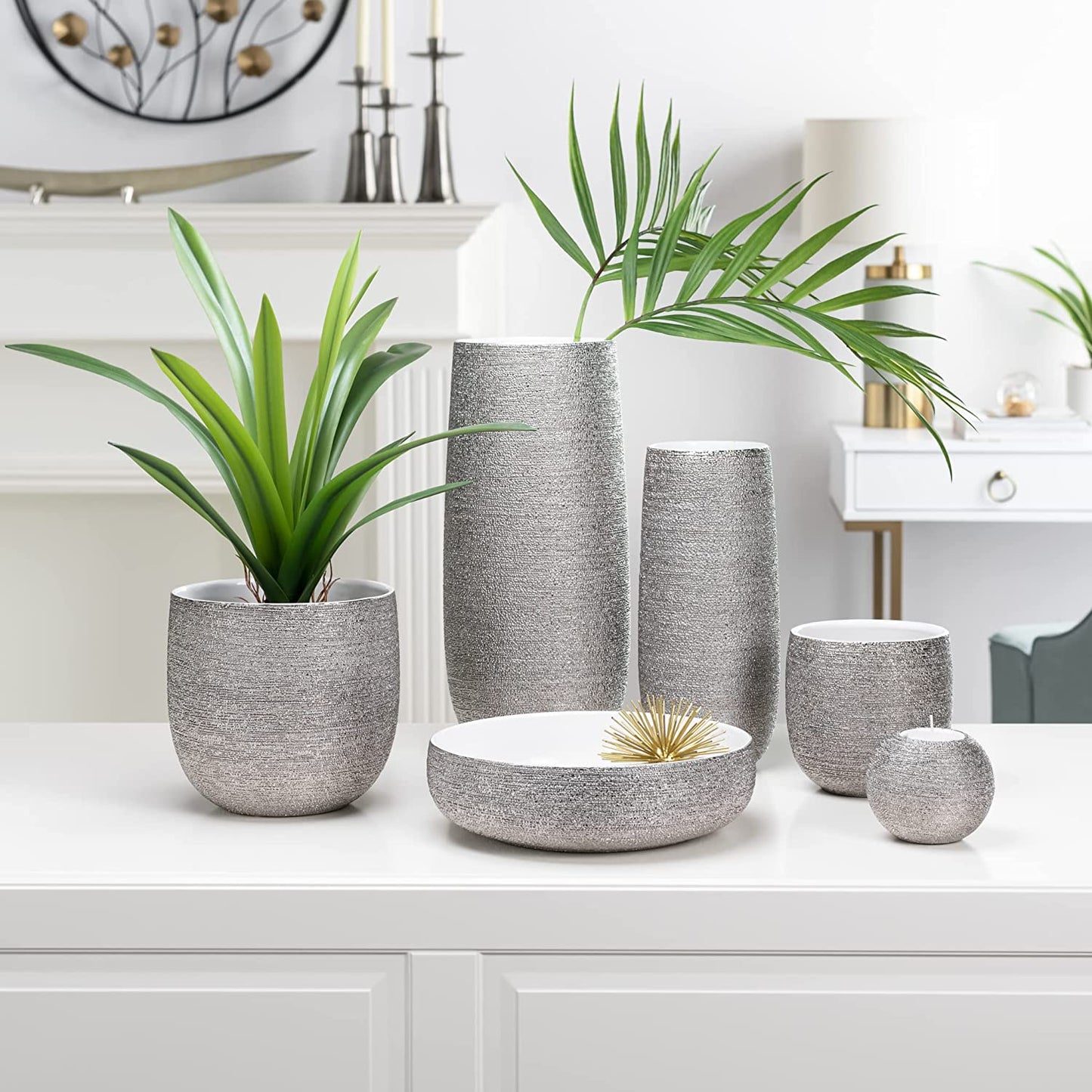 7 Inch Ceramic Pot for Plants - Textured Silver Plant Pot with Gloss White Interior, No Drainage Hole Watertight Design, Luxe Design for Indoor Plants (Brava Ceramic Plant Pots Indoor)