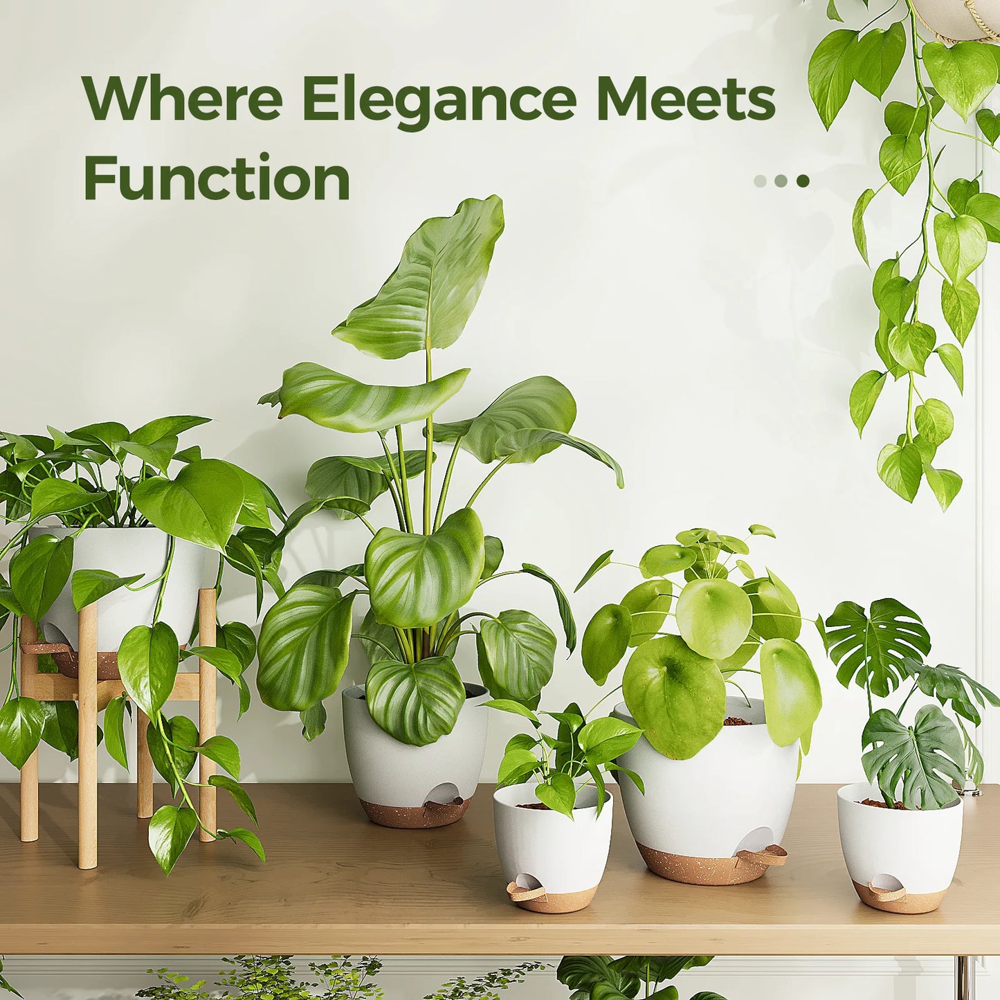 JF Self Watering Pots 6 Pack Plant Pots Indoor Planters 5/5.5/6/6.5/7/8 Inches Flower Pots with High Drainage Holes and Deep Reservoir for Indoor Outdoor Garden Plants and Flowers, White with Brown