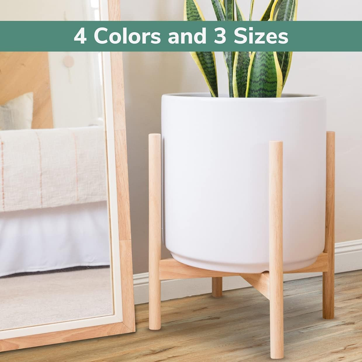 10" White Classic Planter and Plant Stand. Ceramic Plant Pot and Wood Plant Stand Set.