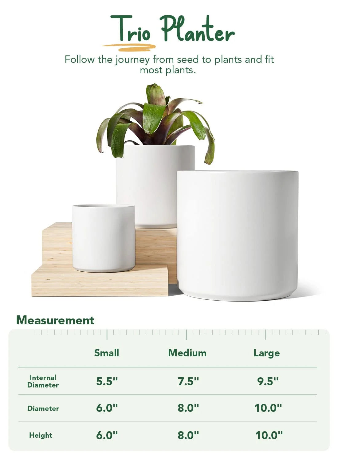 Set of 3 (10"+8"+6") Plant Pots with Drainage Hole & Plug for Indoor & Patio Decor, White Indoor Planters