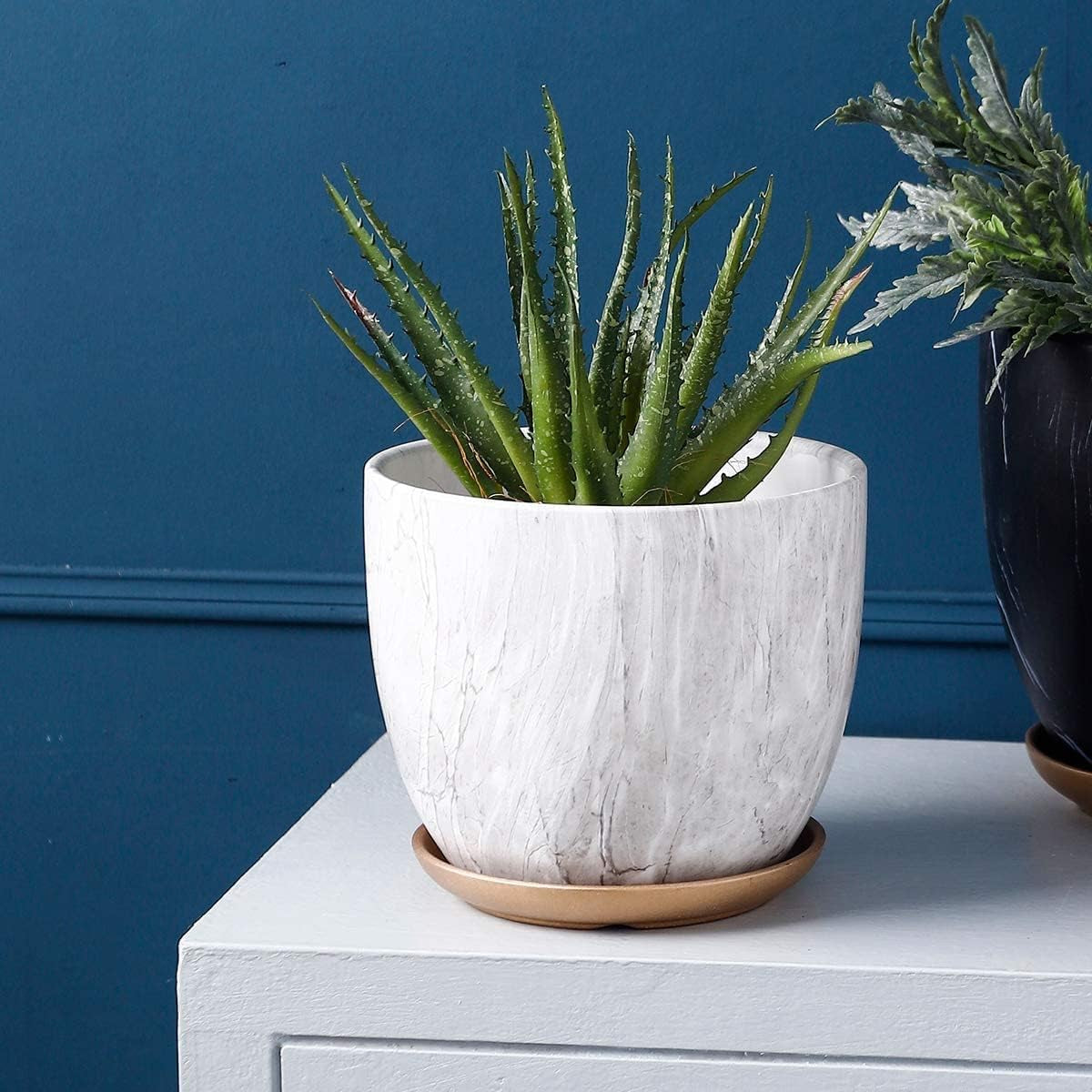 7 Inch Plant Pot with Drainage and Saucer, 5.5 Inch Ceramic Planters Indoor Plants, Flower Pot Outdoor, Marble Planter Pink Indoor Pots for Plants (7"+5.5" Plant Pot and Gold Saucers Inculded)…