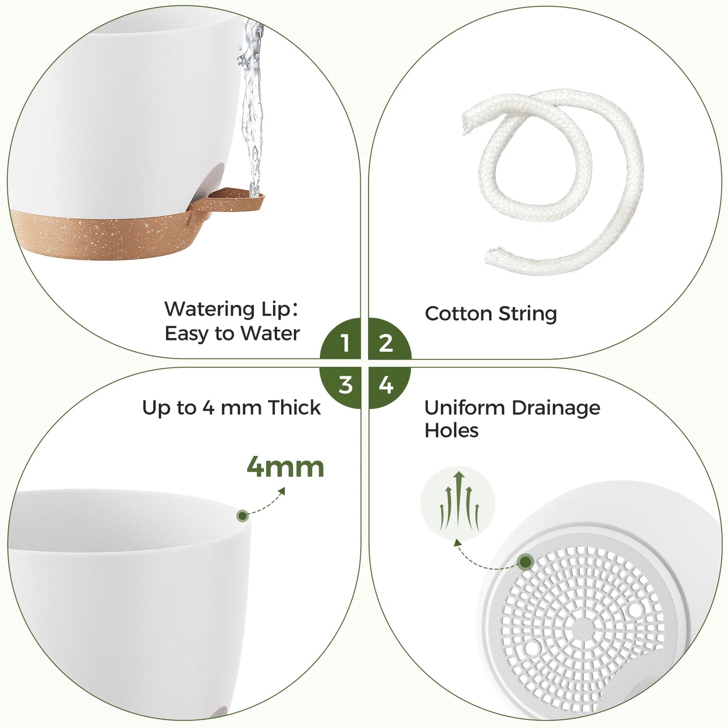 JF Self Watering Pots 6 Pack Plant Pots Indoor Planters 5/5.5/6/6.5/7/8 Inches Flower Pots with High Drainage Holes and Deep Reservoir for Indoor Outdoor Garden Plants and Flowers, White with Brown