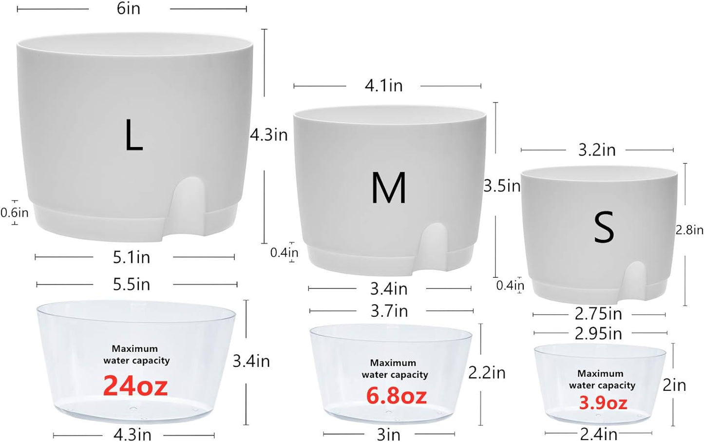 Self Watering Pots for Indoor Plants, 5 Pack 6/4.1/3.2 Inch Flower Pot Modern Decorative Plastic Planter with Extra Large Water Storage for All House Plants, Flowers, Herbs(White)