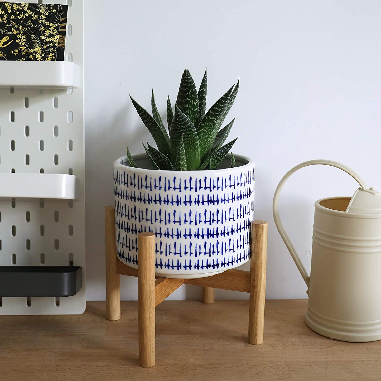 Blue Planter with Stand - 7.3 Inch Retro round Decorative Flower Pot Indoor with Wood Planter Holder, Blue and White, Home Decor Gift