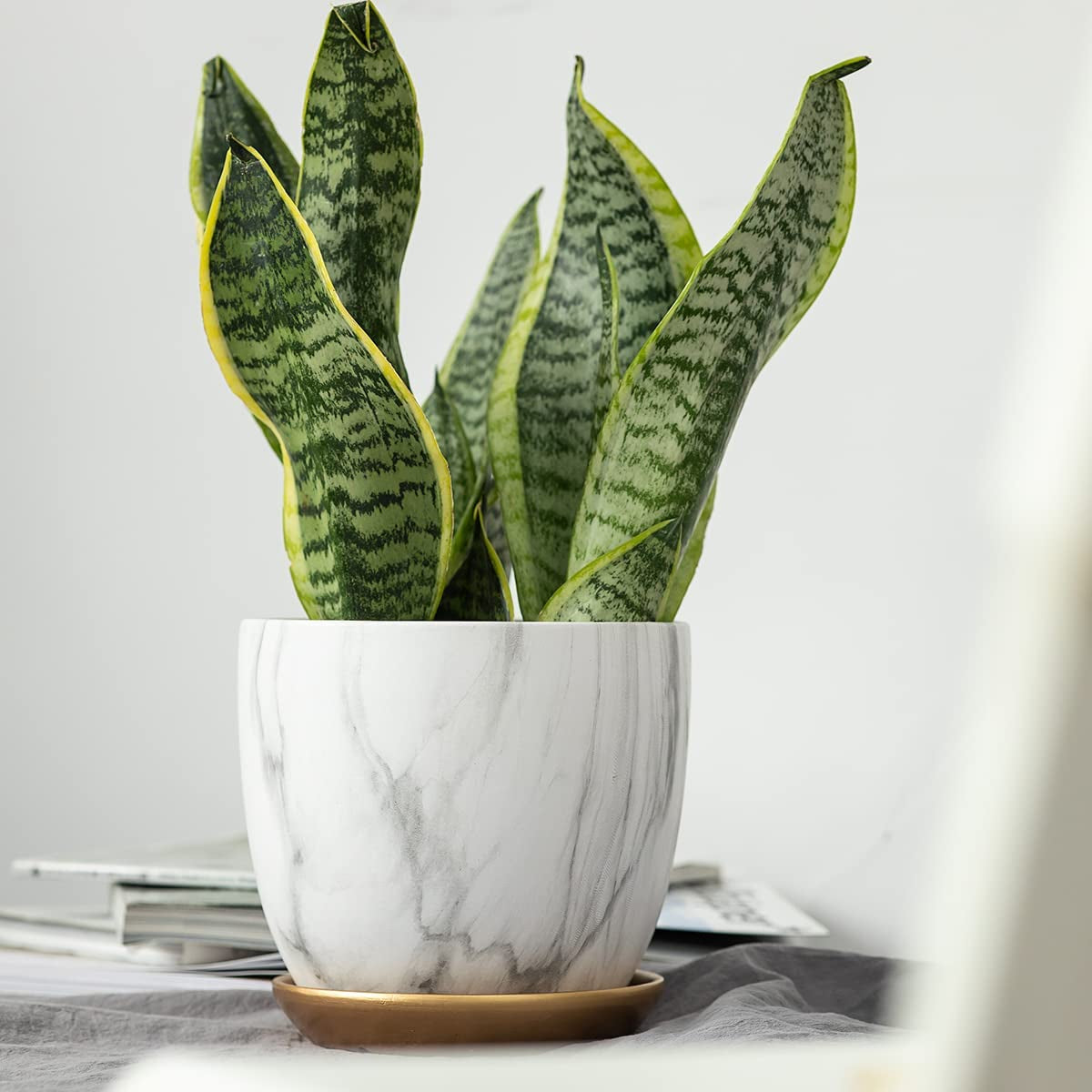 7 Inch Plant Pot with Drainage and Saucer, 5.5 Inch Ceramic Planters Indoor Plants, Flower Pot Outdoor, Marble Planter Pink Indoor Pots for Plants (7"+5.5" Plant Pot and Gold Saucers Inculded)