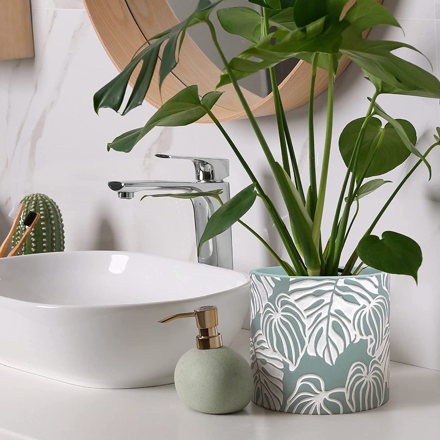 Stylish Monstera Cement Planter - 6 Inch Decorative Pot with Drainage for Indoor & Outdoor Plants - Unique Flower Pot Design (Plants Not Included)