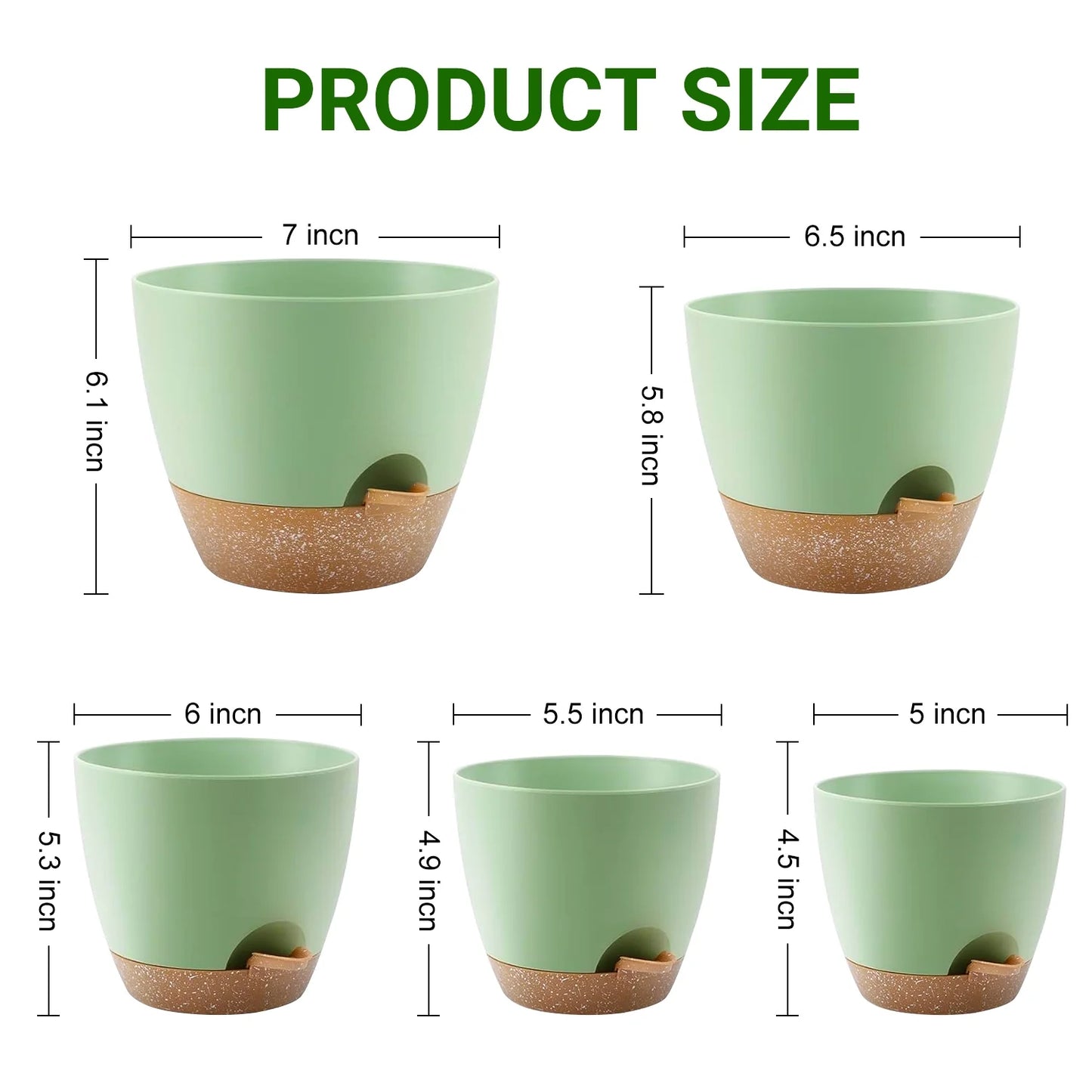 Set of 5 Green Self Watering Plastic Plant Pots with Drainage Holes - Eco-Friendly Indoor/Outdoor Flower Planters for Succulents, Cactus, Snake Plants - Sizes: 7", 6.5", 6", 5.5", 5"