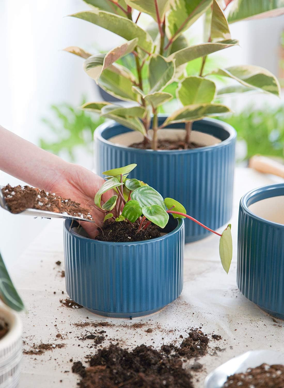 Elegant Navy Ceramic Plant Pots Set of 3 - Large Indoor/Outdoor Planters with Drainage Holes, Perfect for All Your Home & Garden Flowers