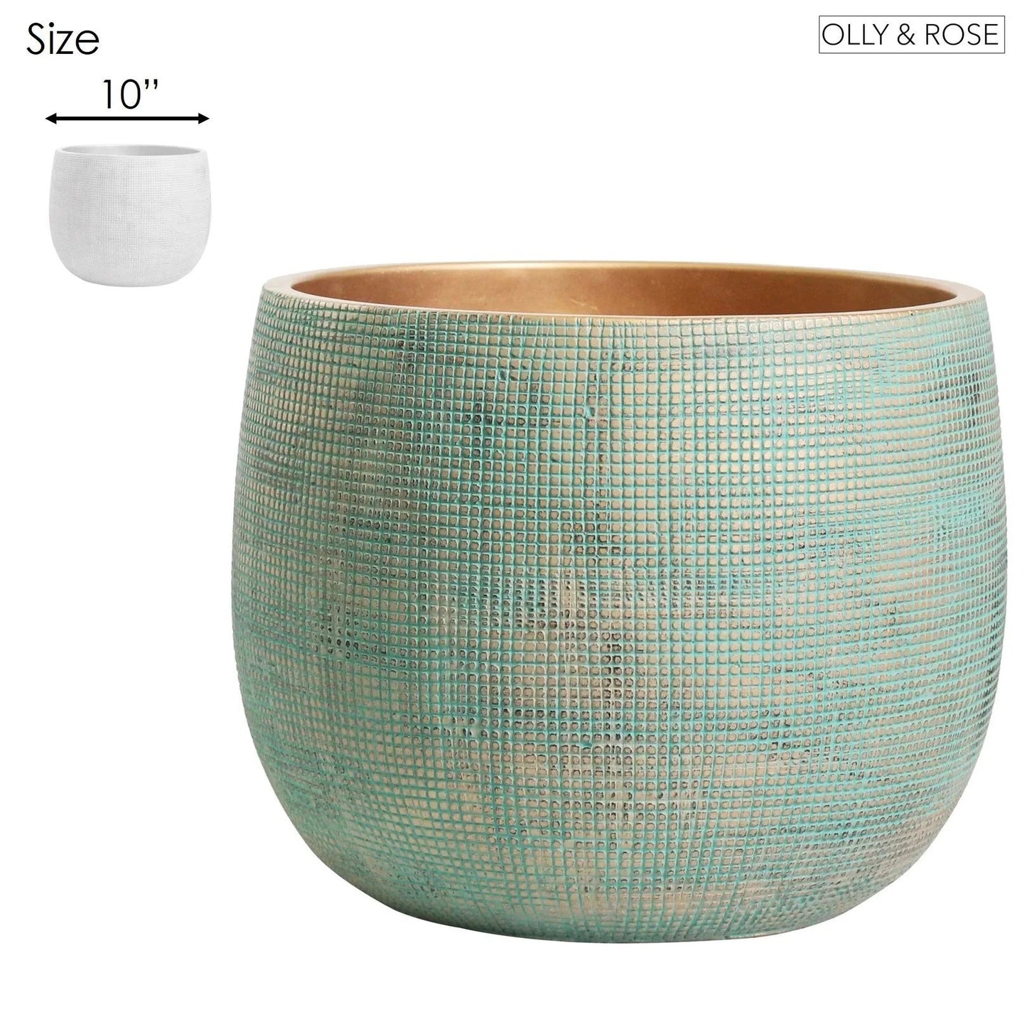 Drama 10 inch turquoise textured ceramic planter with copper interior and a square mosaic grid pattern. Shipped live by Plants & Roses Inc.