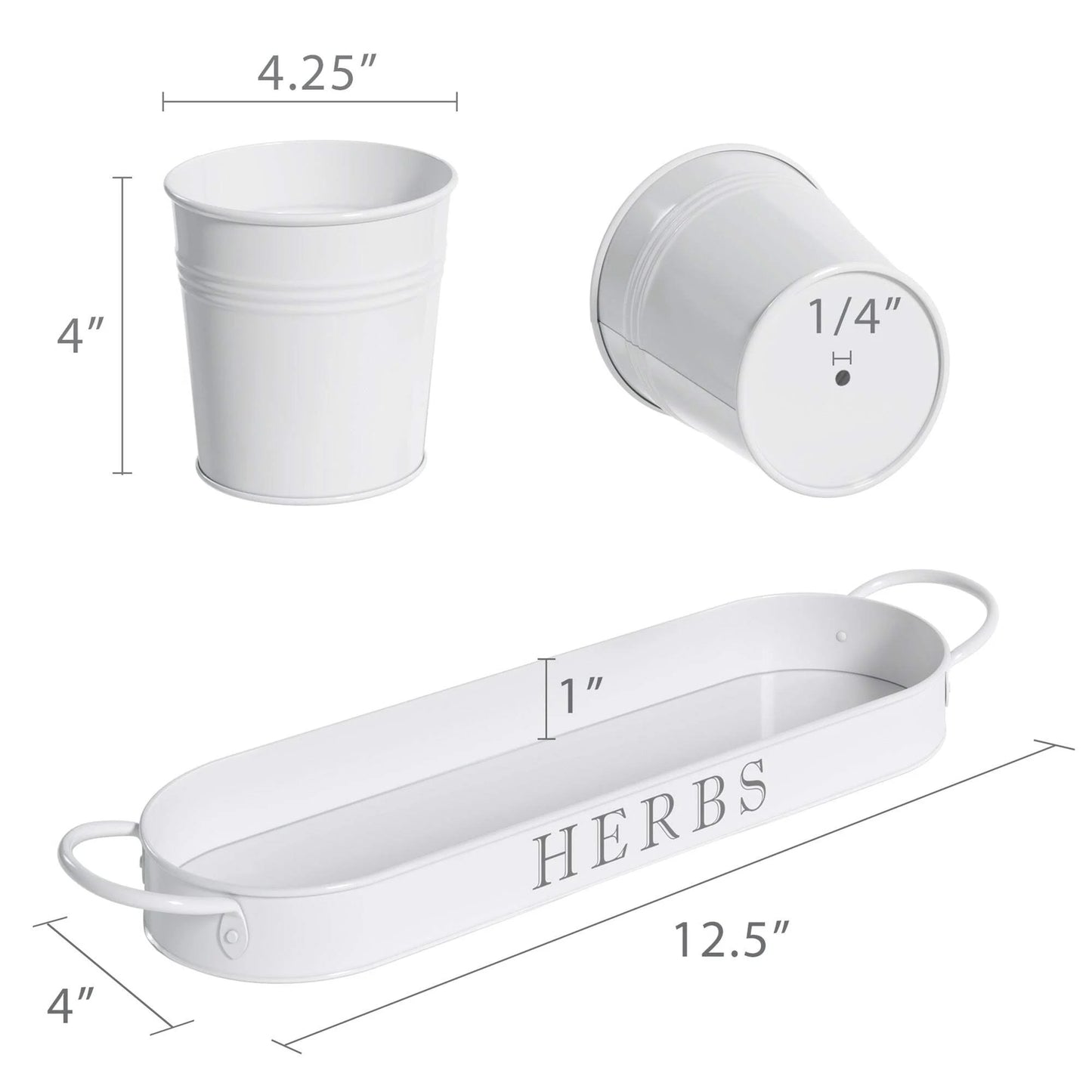 The black metal herb pots used as decorative accents on a counter or desktop in a farmhouse-style interior.