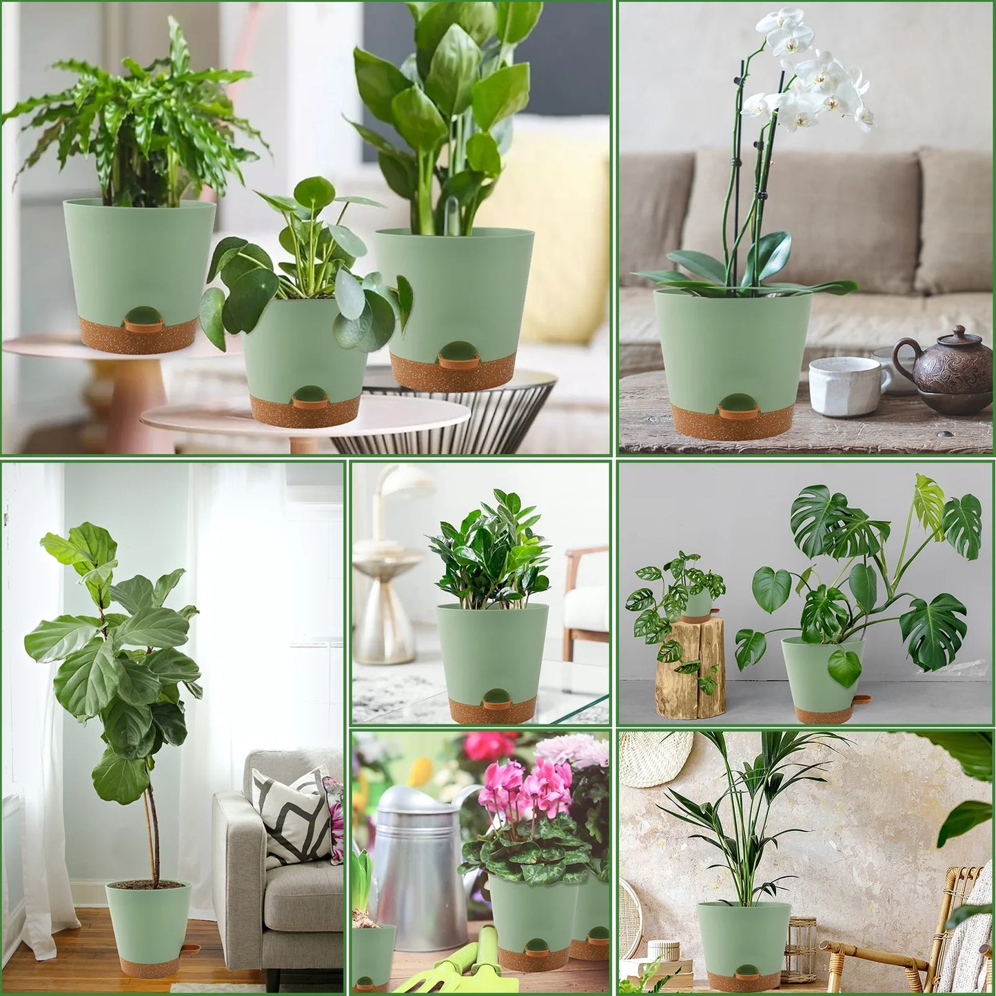 Self Watering Planters, 7/6.5/6/5.5/5 Inch Self Watering Plant Pots with Drainage Hole for Indoor and Outdoor Plants, 5 Pack, Green