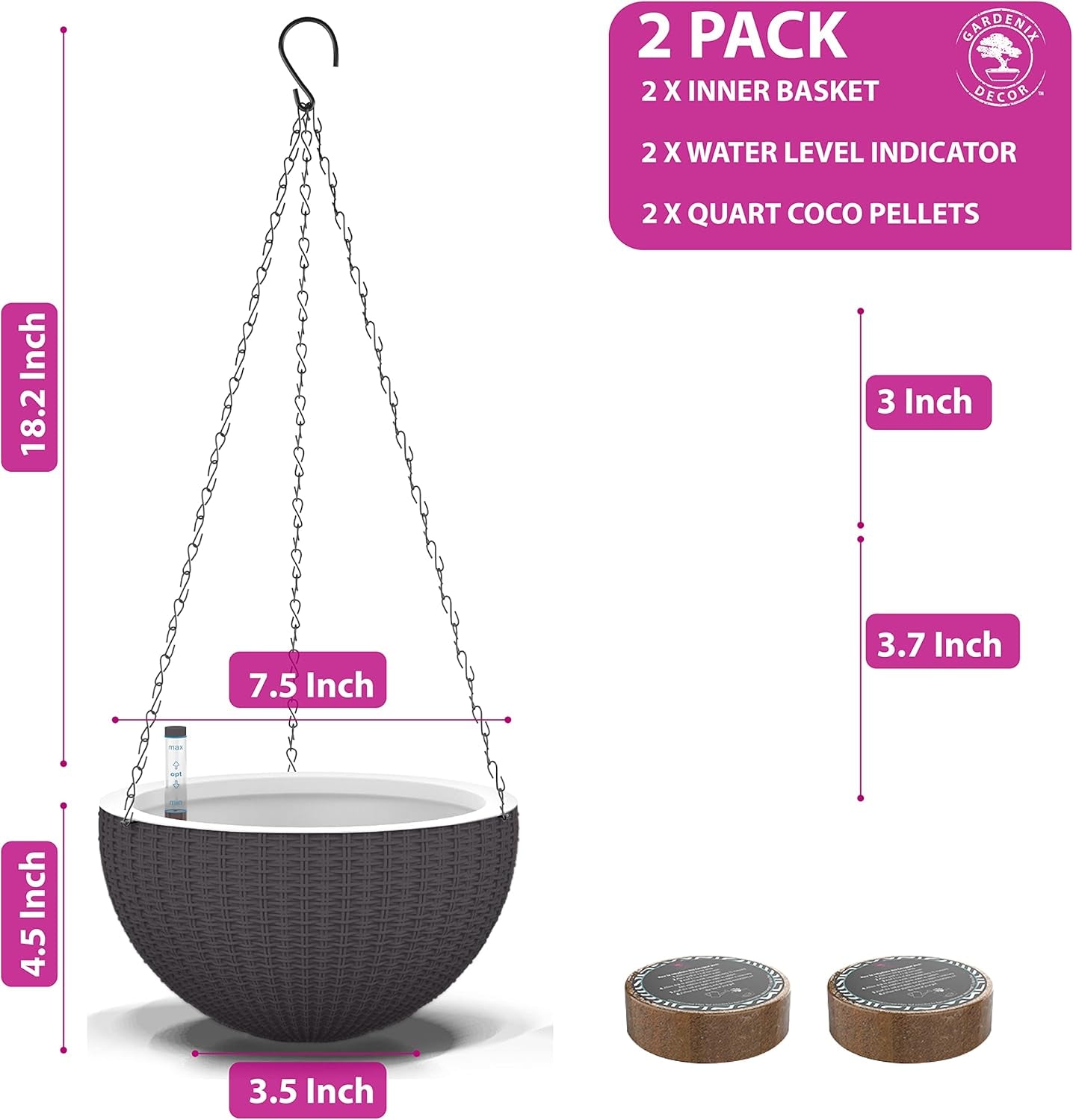 Small 7.5'' Self Watering Hanging Planters for Indoor Plants - Flower Pot with Water Level Indicator for Plants, Hanging Pots - Self Watering Planter Plant Pot- Coco Coir - 2 Pack (Gray)