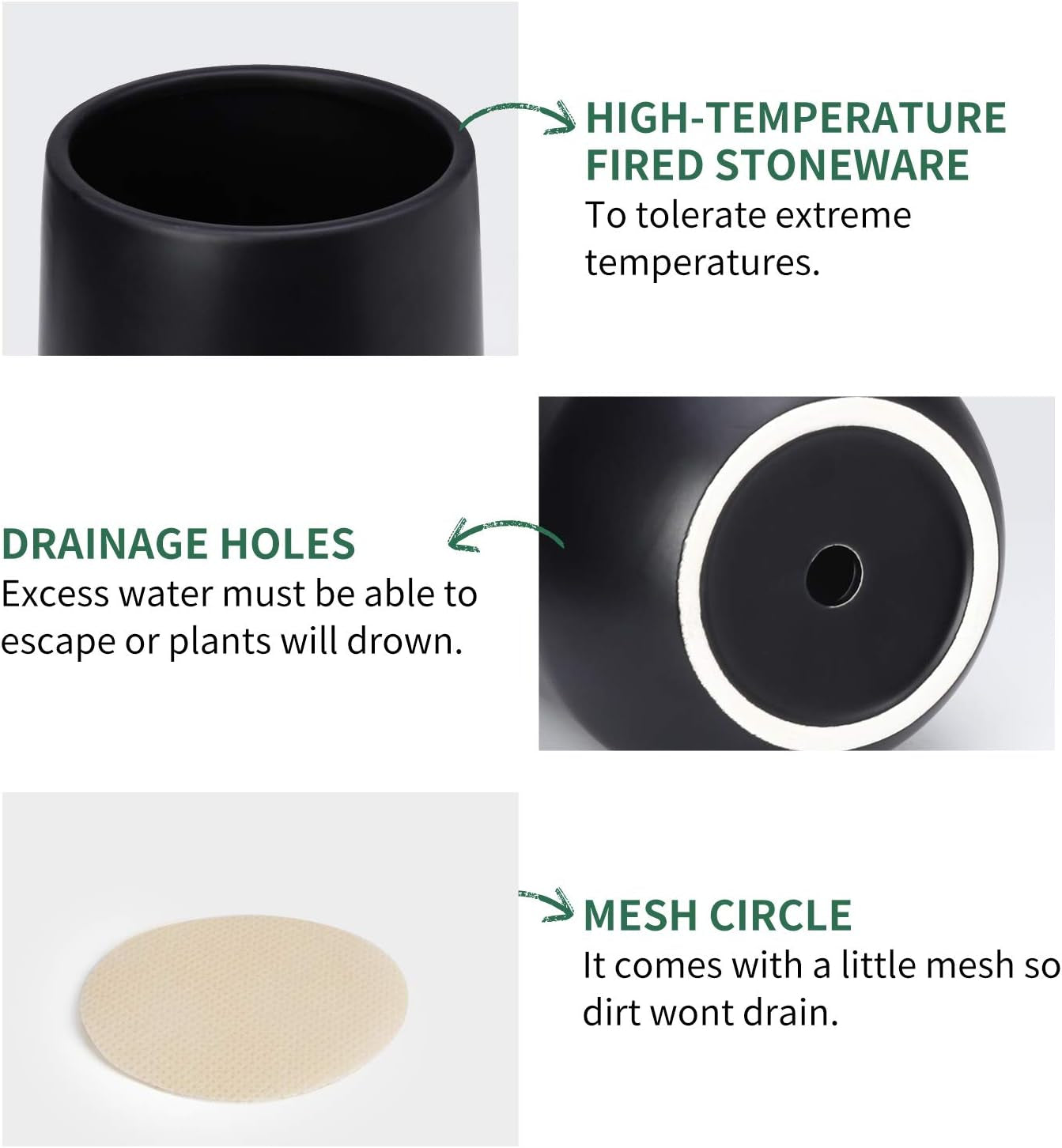 Stylish Black Glazed Ceramic Planter Pots - 5.3 Inch with Drainage Hole & Saucer for Indoor Plant Decor (Plants Not Included)