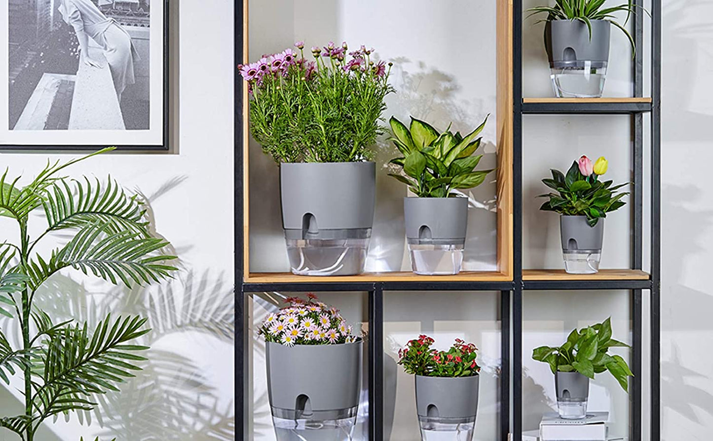 The five self-watering plastic pots arranged to clearly show the three different sizes (6, 4.1, and 3.2 inches) included in the pack.